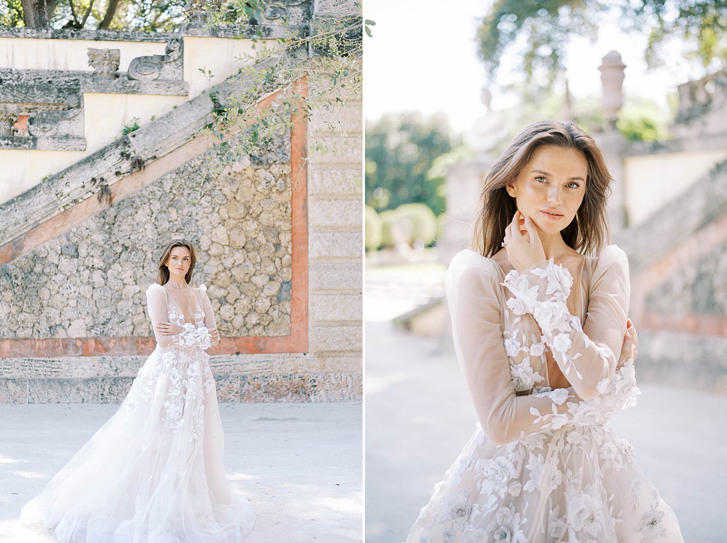bride poses in wedding gown with lace sleeves
