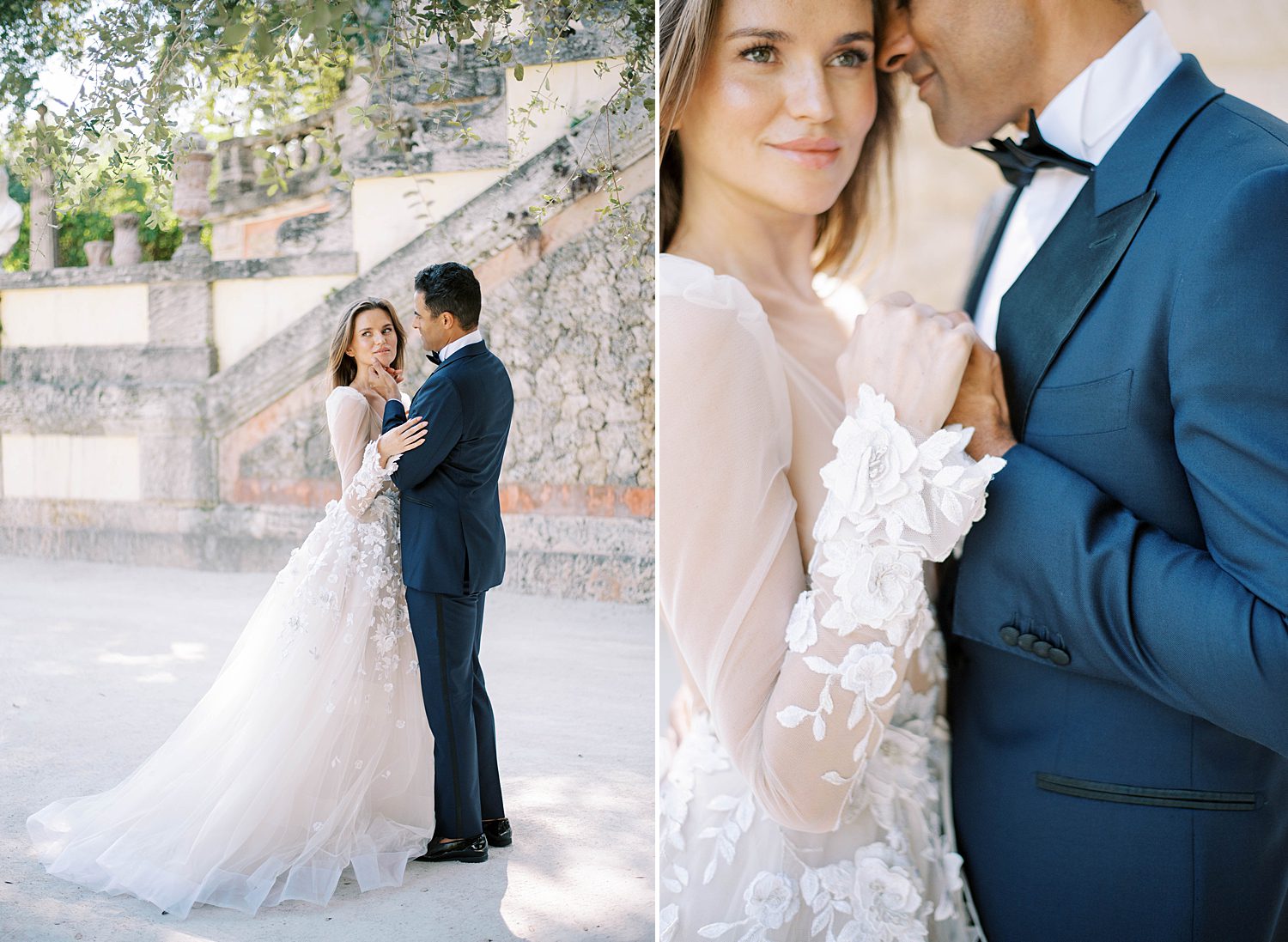 bride and groom hug near stone steps at Vizcaya Museum