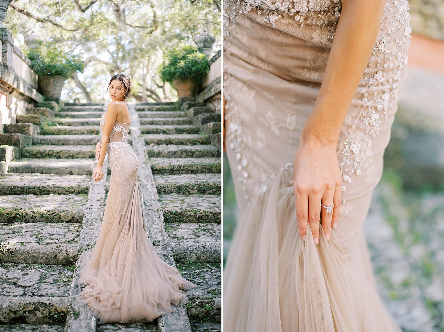 bride holds edge of champagne gown on steps at Vizcaya Museum