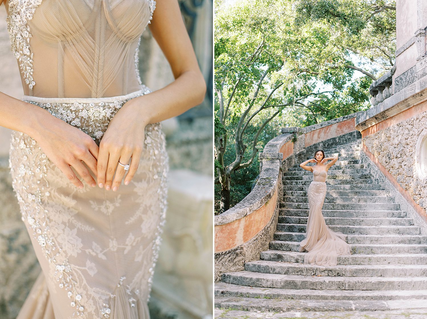 bride holds hands under corset bodice at Vizcaya Museum