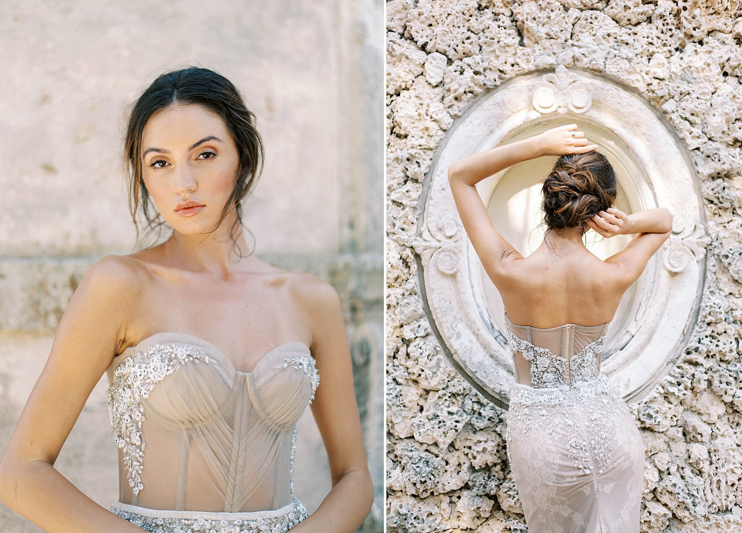 bride in wedding dress with corset stands in front of stone wall at Vizcaya Museum