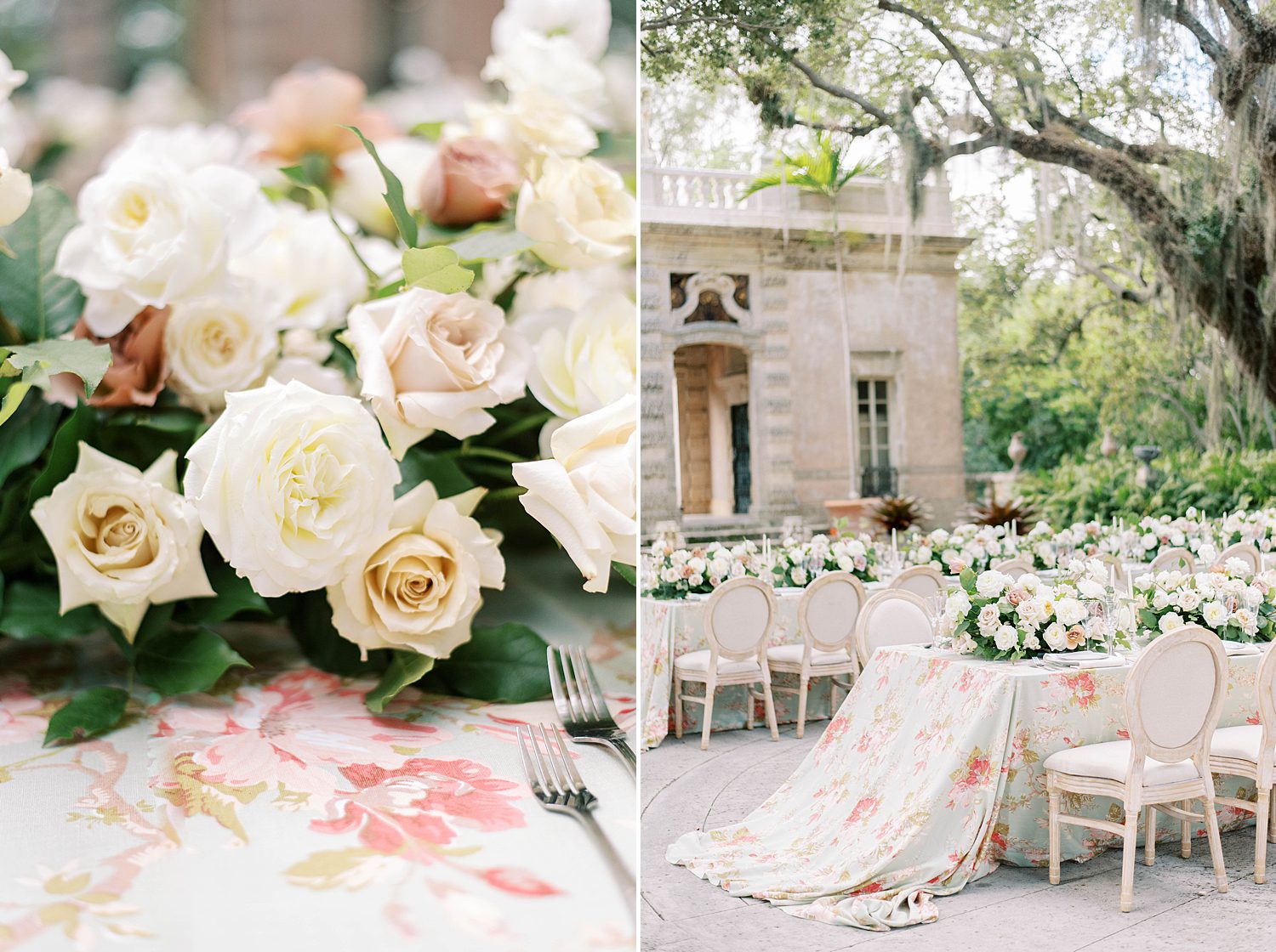 wedding reception at Vizcaya Museum with peach and ivory roses