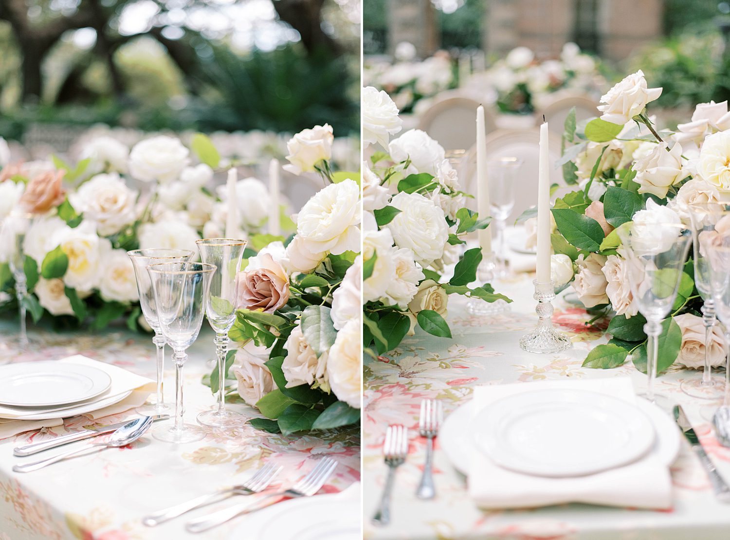wedding reception with ivory candles and place setting at Vizcaya Museum