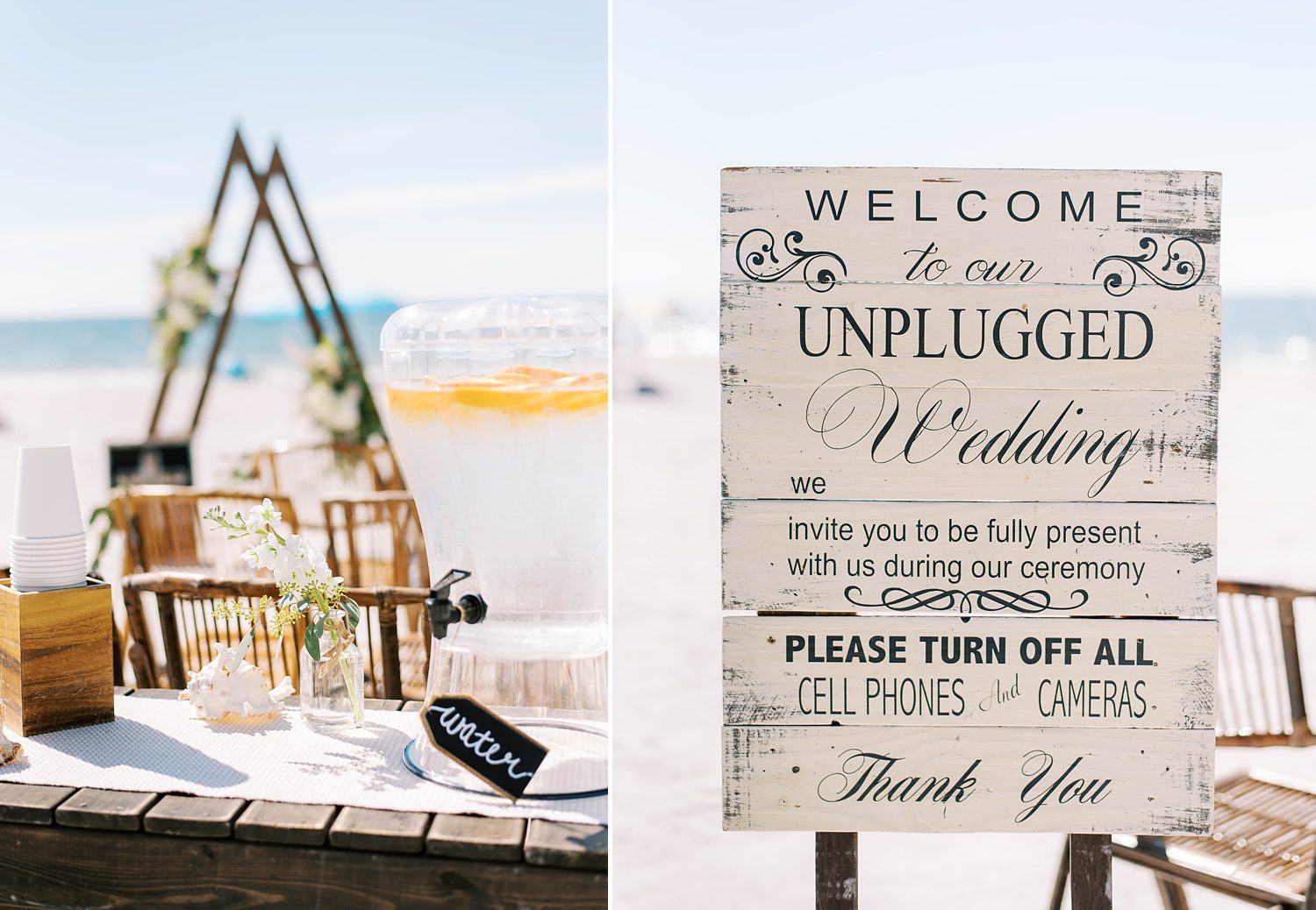 unplugged ceremony sign for beach wedding with boho inspiration