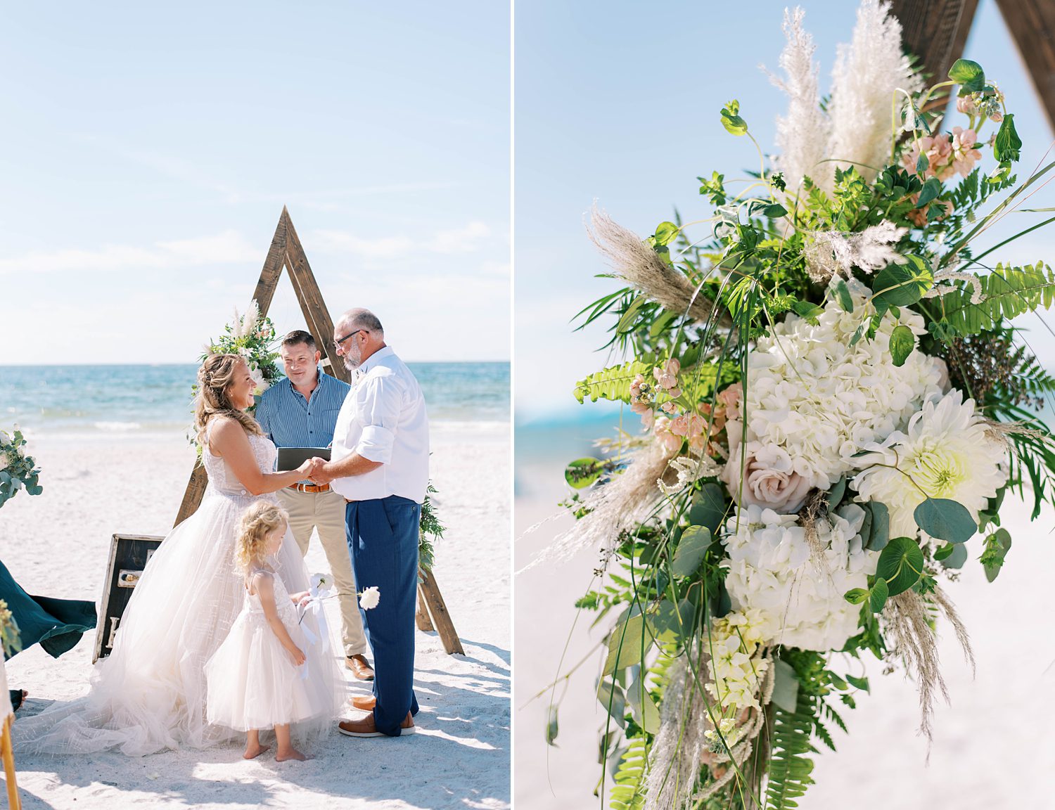 bride and groom hold hands under triangle arbor on beach