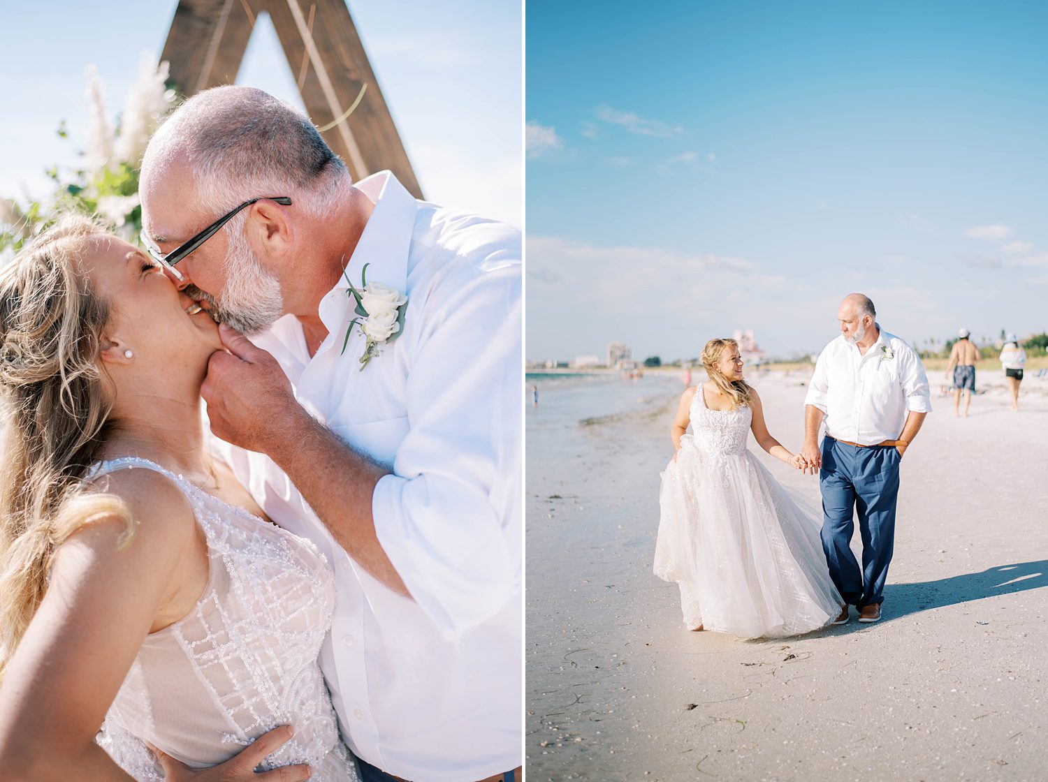 groom leans to kiss bride on Florida beach after wedding