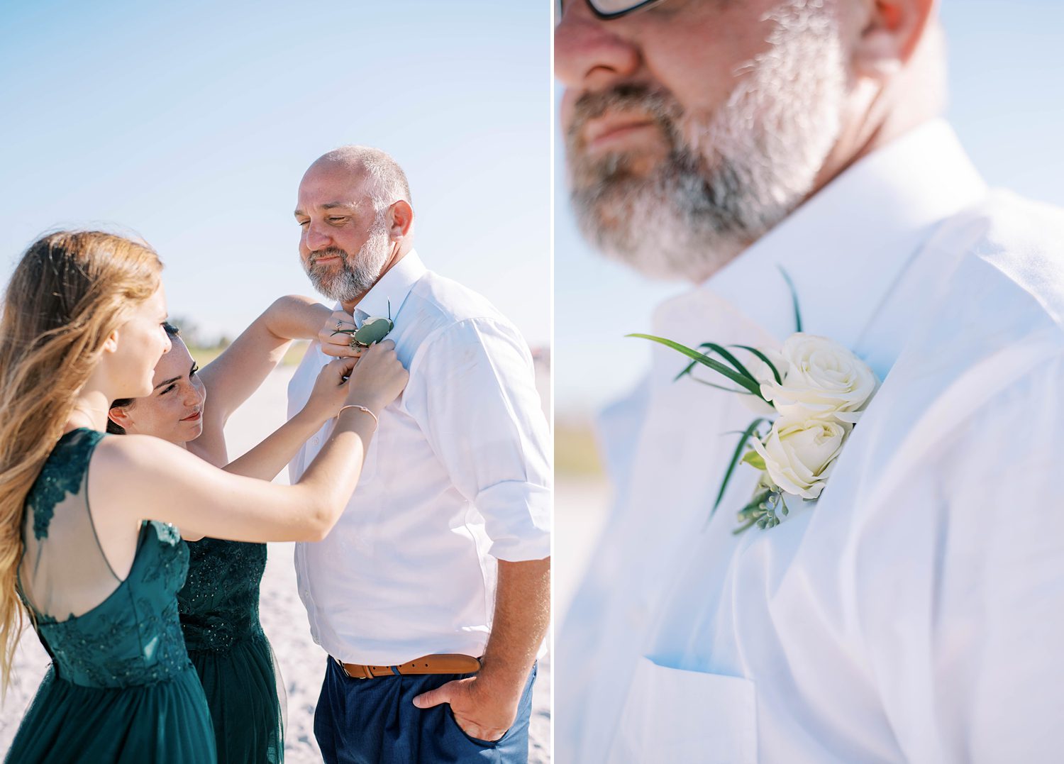 daughter pins on boutonniere for dad before Florida beach wedding