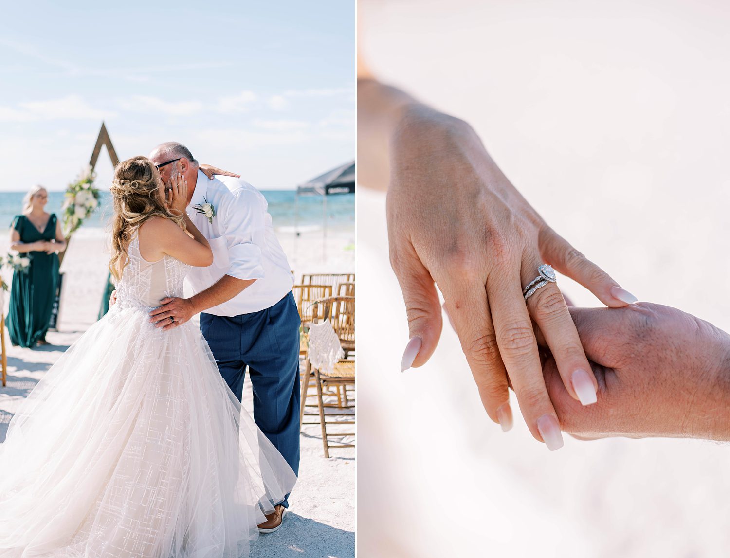 newlyweds kiss at the end of the aisle after Florida beach wedding