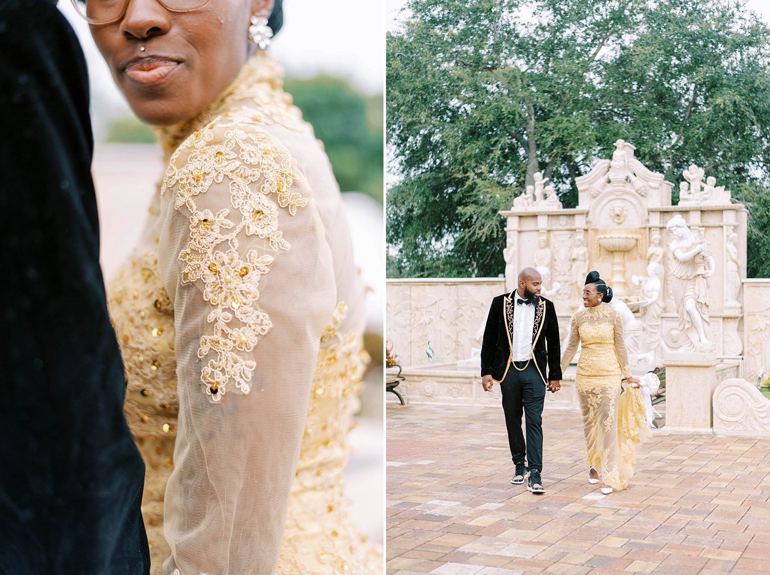 bride in gold dress walks holding hands with groom in custom black suit at Chic Venue Golden Palace