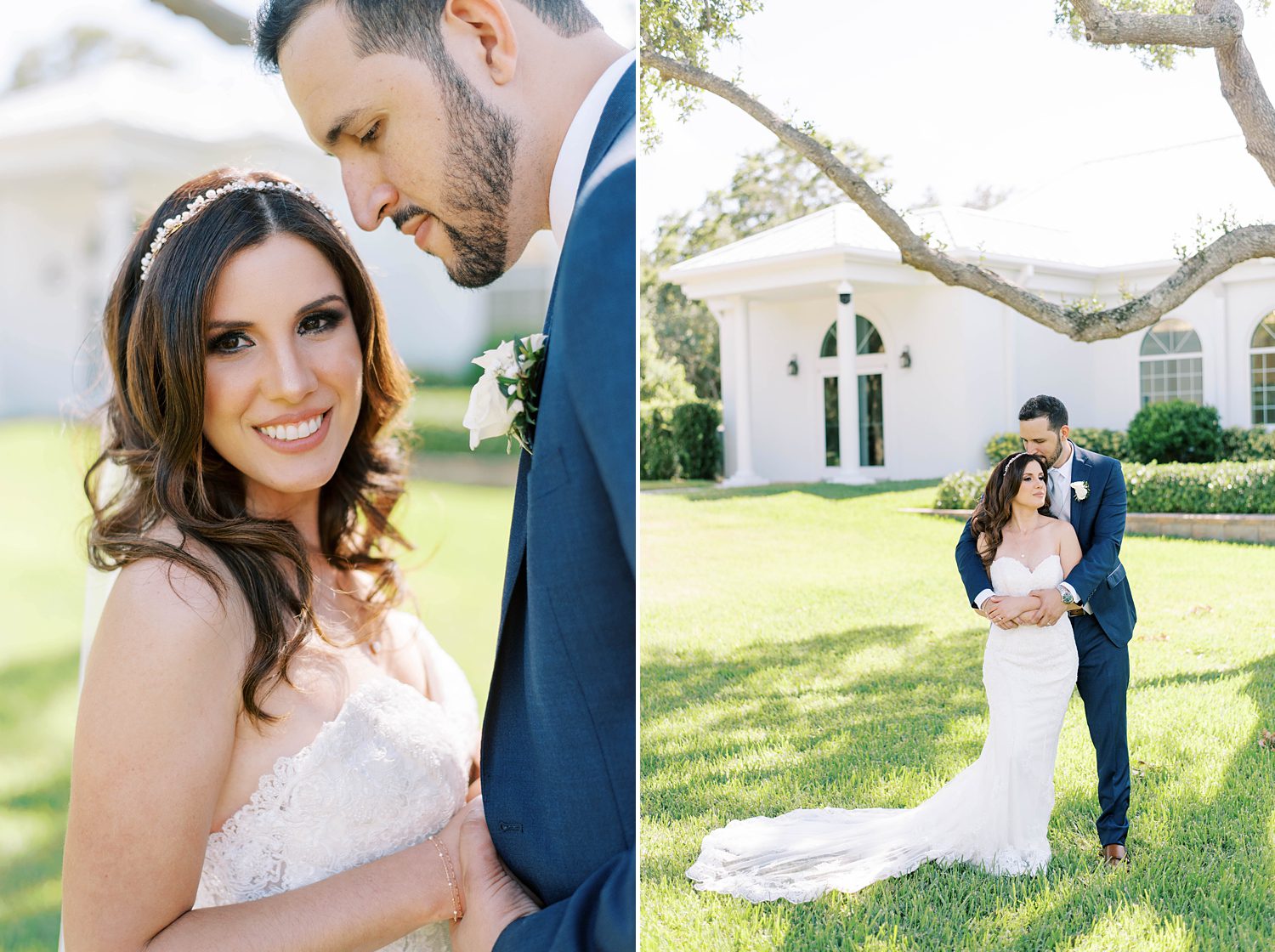 bride hugs groom in navy suit under tree outside Harborside Chapel