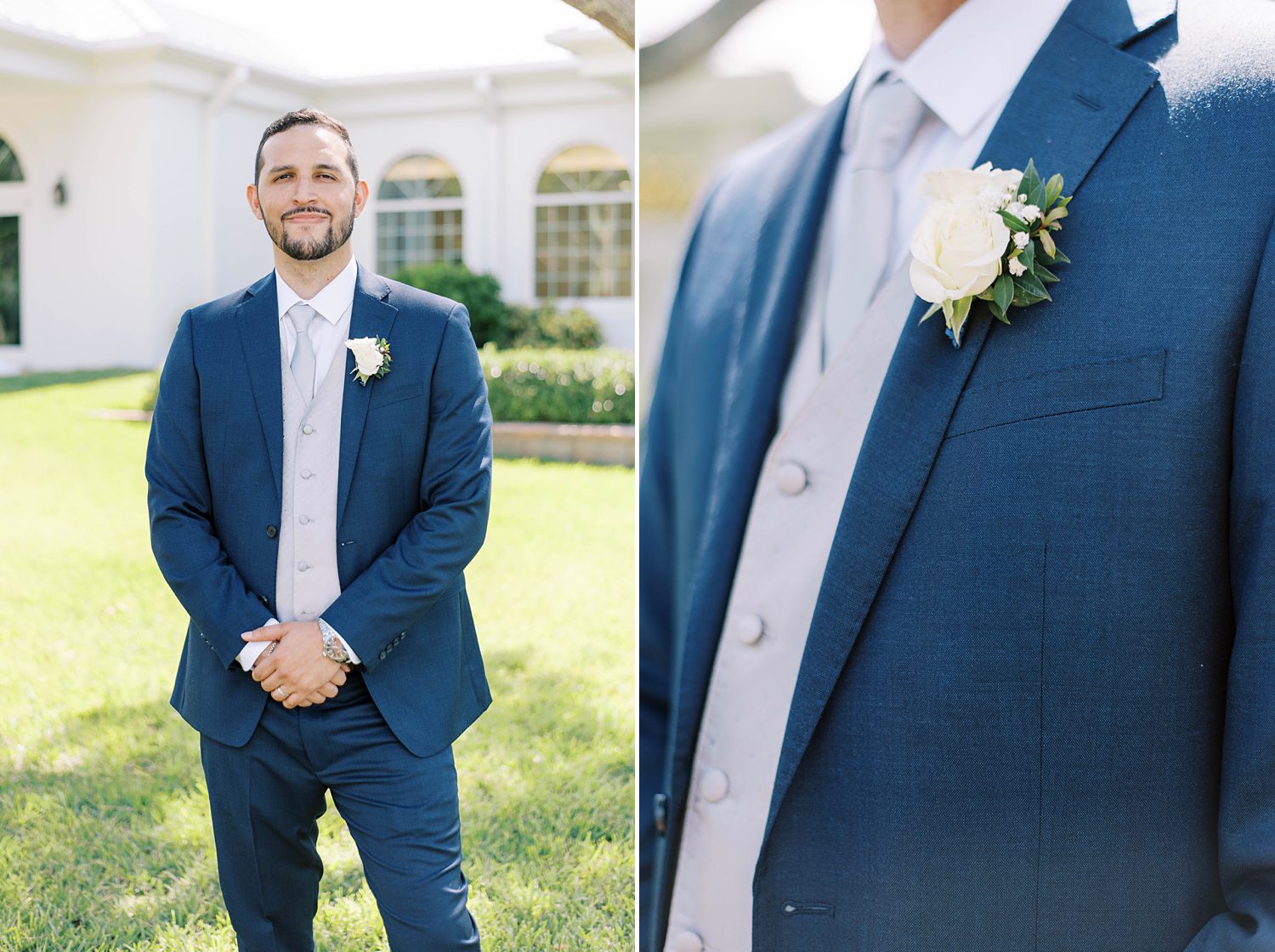 groom in navy suit with white boutonnière for Tampa wedding 