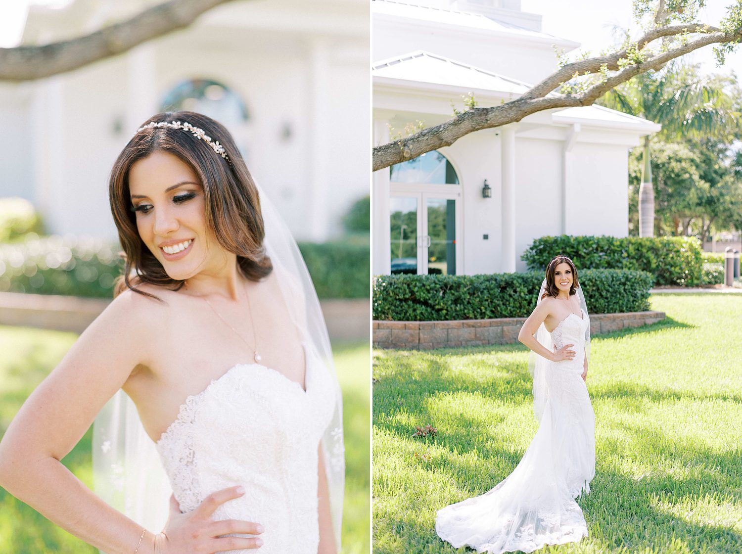 bride in strapless dress stands with hand on hip outside Harborside Chapel