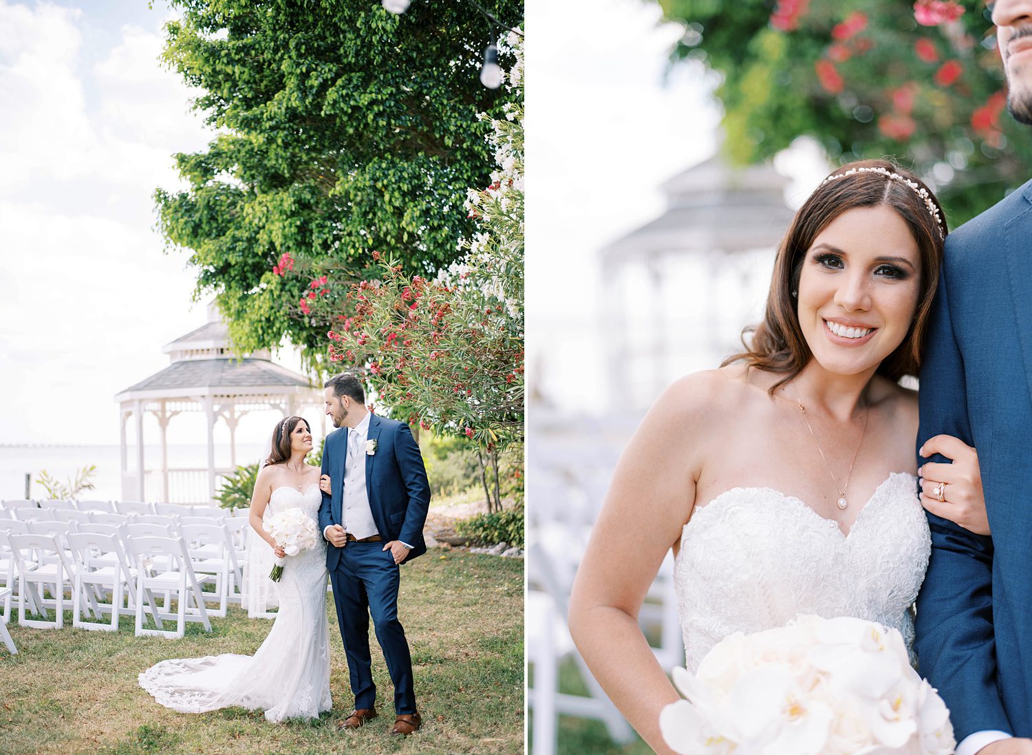 bride leans head on shoulder for wedding portrait near ceremony site at Harborside Chapel