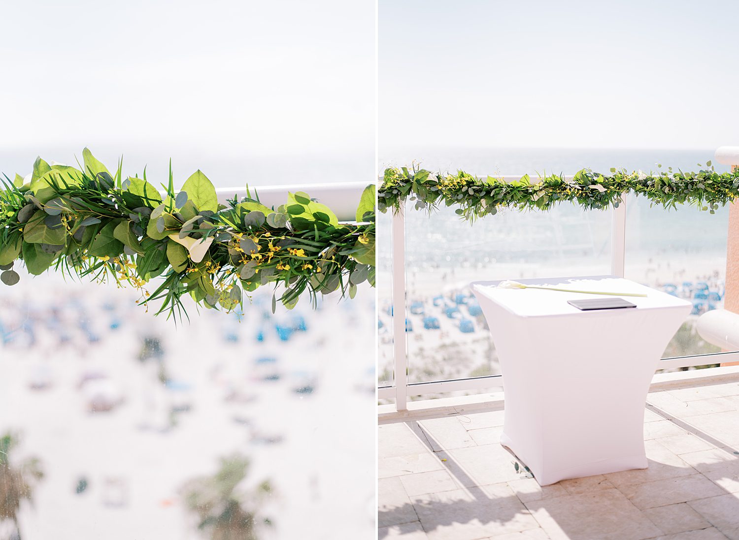 greenery on railing behind table with sand ceremony at the Hyatt Clearwater