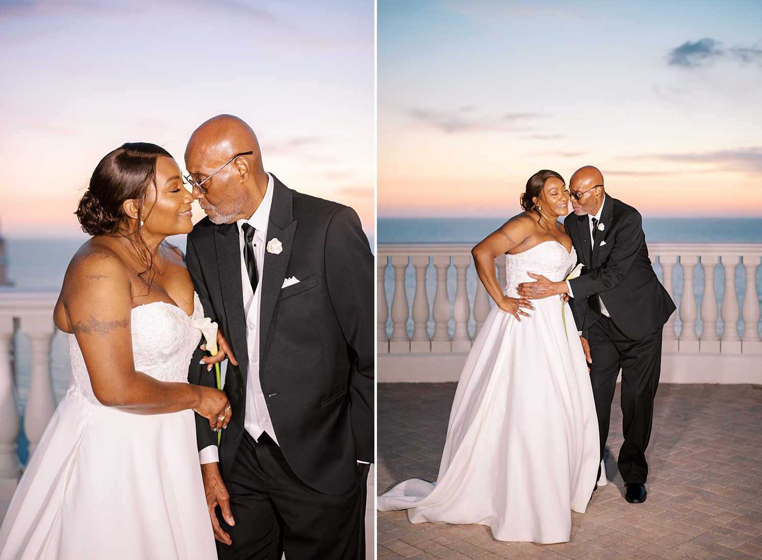 newlyweds lean to kiss during sunset wedding portraits on patio at the Hyatt Clearwater