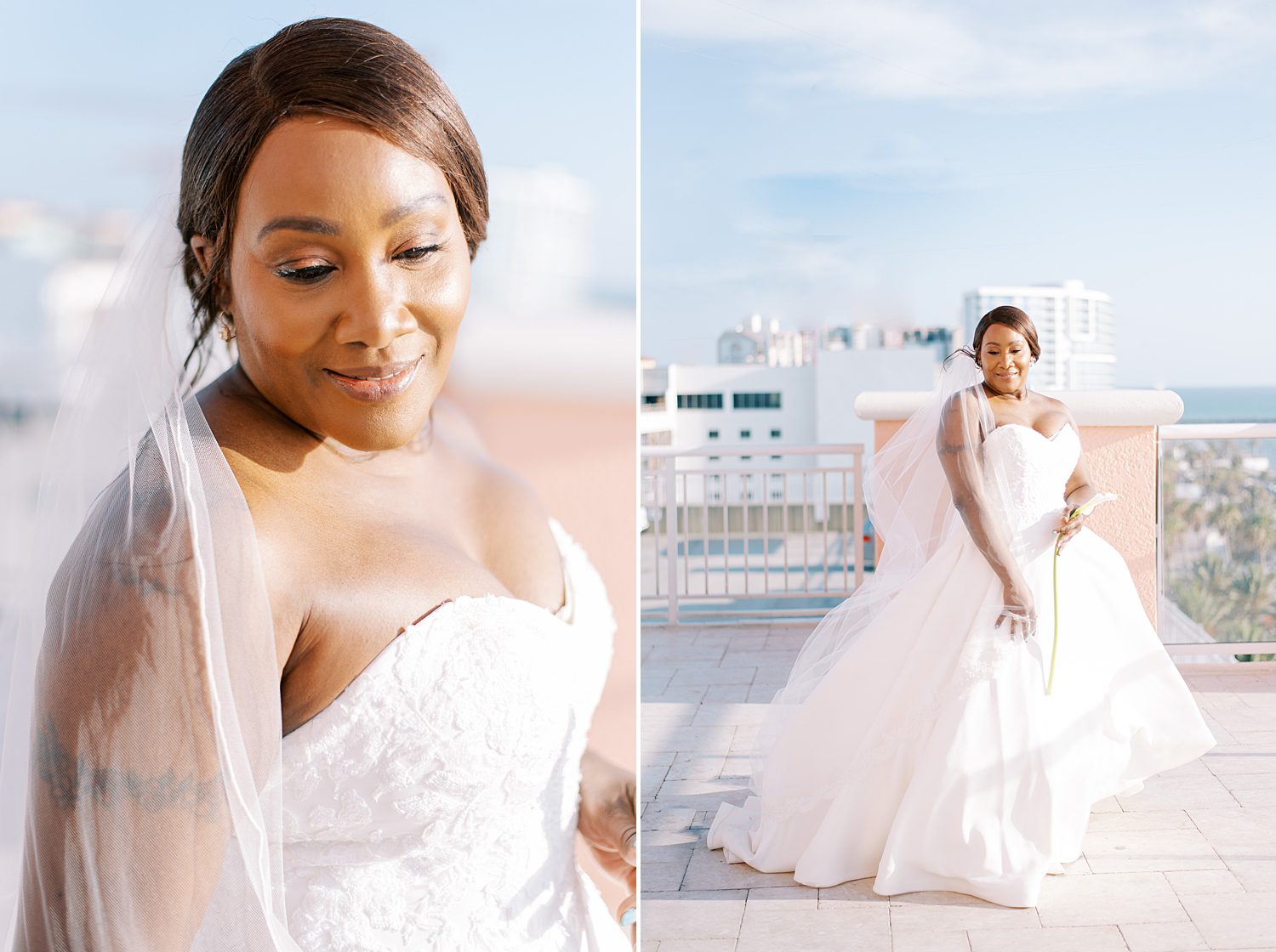 bride looks down with veil draped around her shoulders on patio at the Hyatt Clearwater