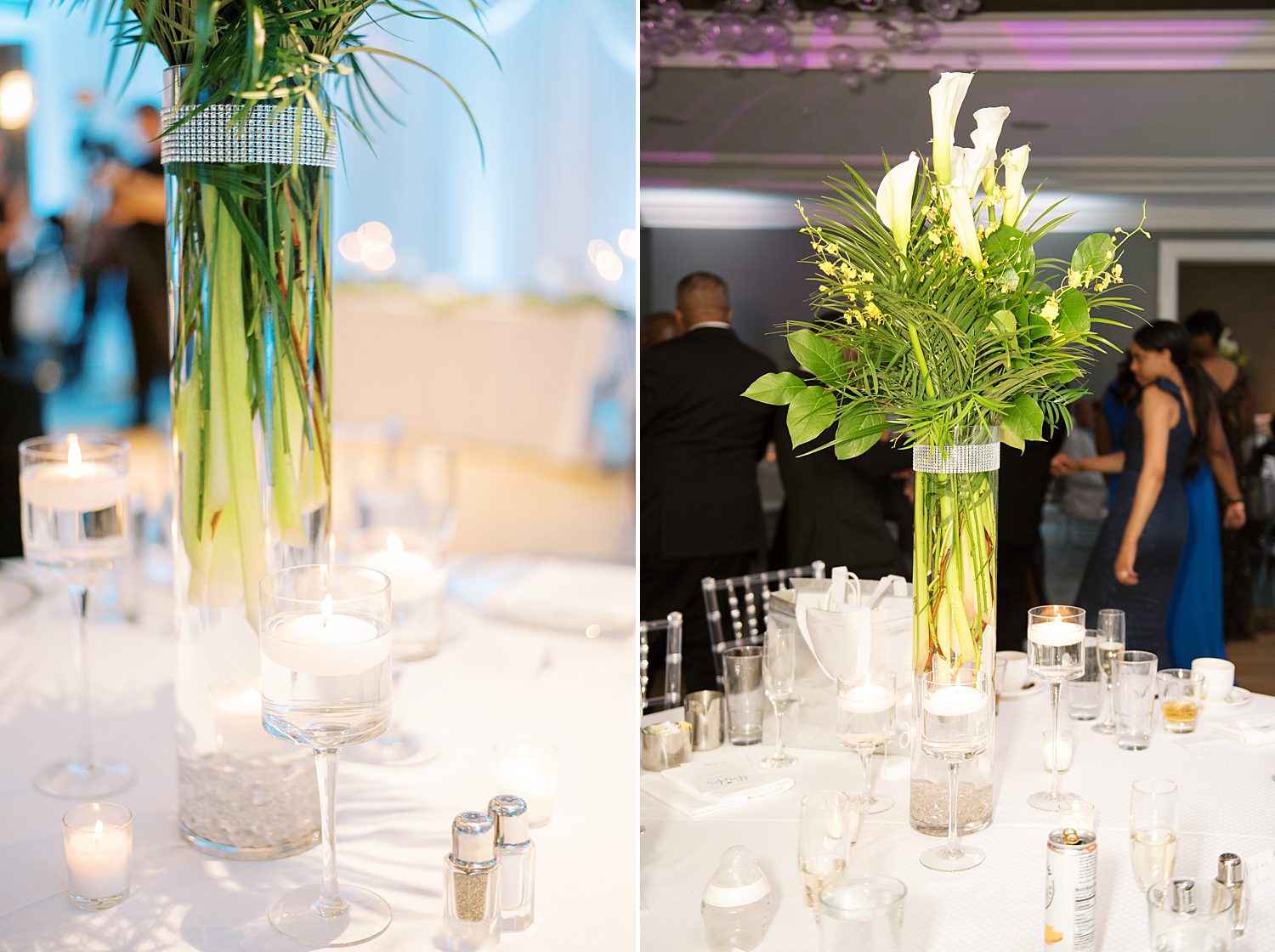 wedding reception centerpieces with calla lilies and tropical flowers 