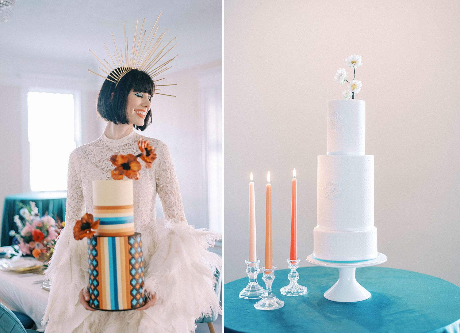woman holds retro inspired wedding cake during 70's inspired wedding day at The Orlo