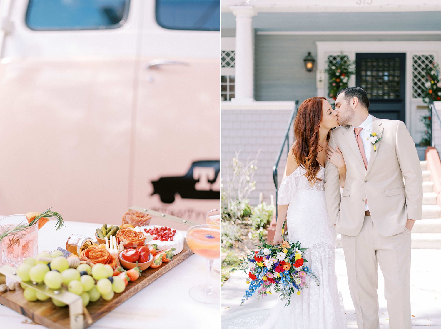 bride and groom hold hands kissing next to charcuterie spread by the Tap Truck