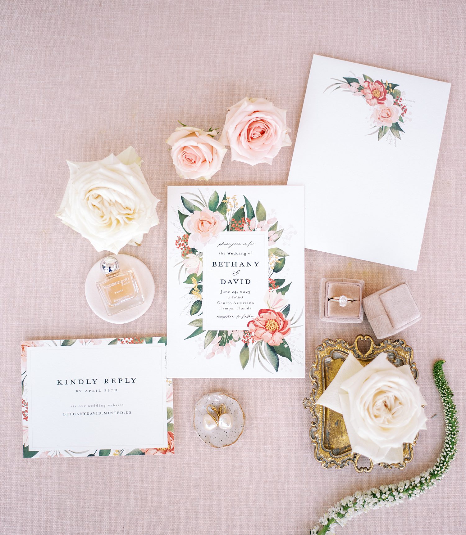 stationery set with pink and white roses for FL wedding