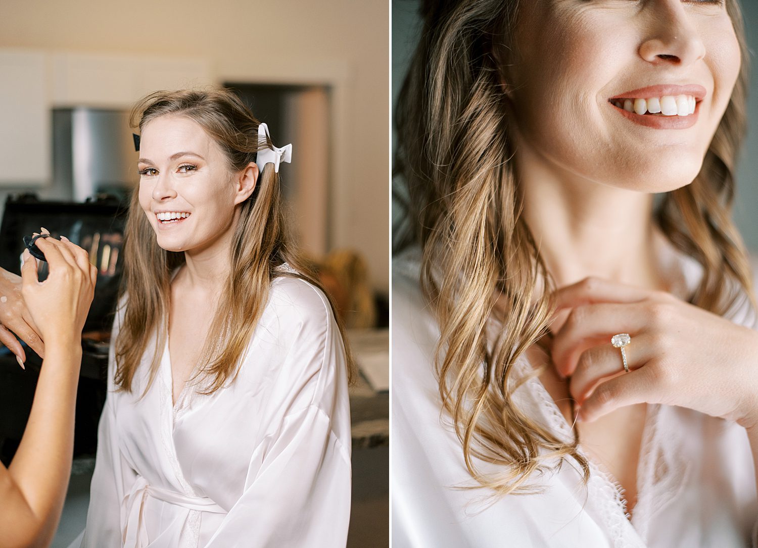bride laughs in white robe while getting hair and makeup done