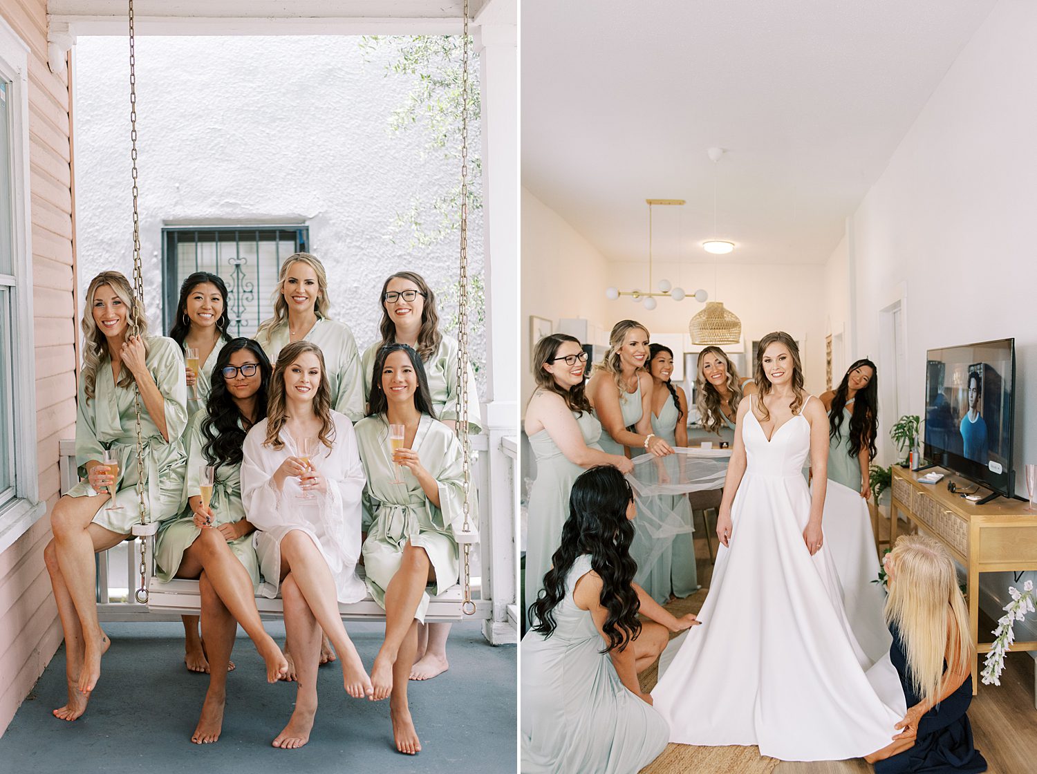 bridesmaids sit with bride on front porch swing in Tampa FL