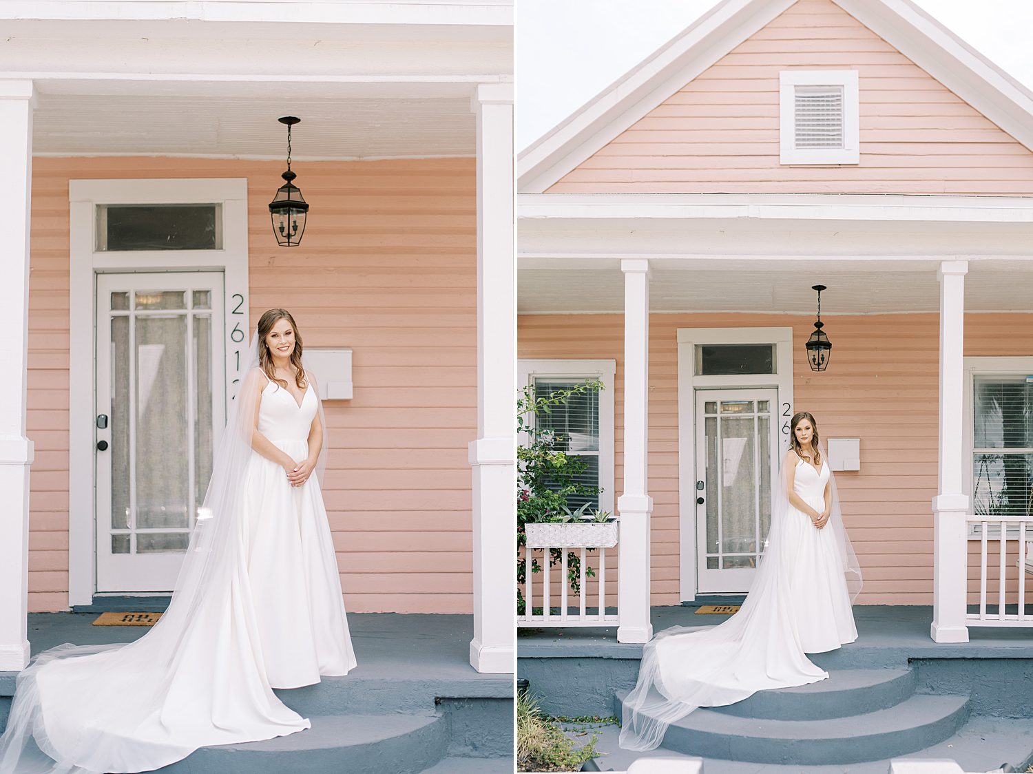 bride poses on front porch of Tampa home in wedding gown