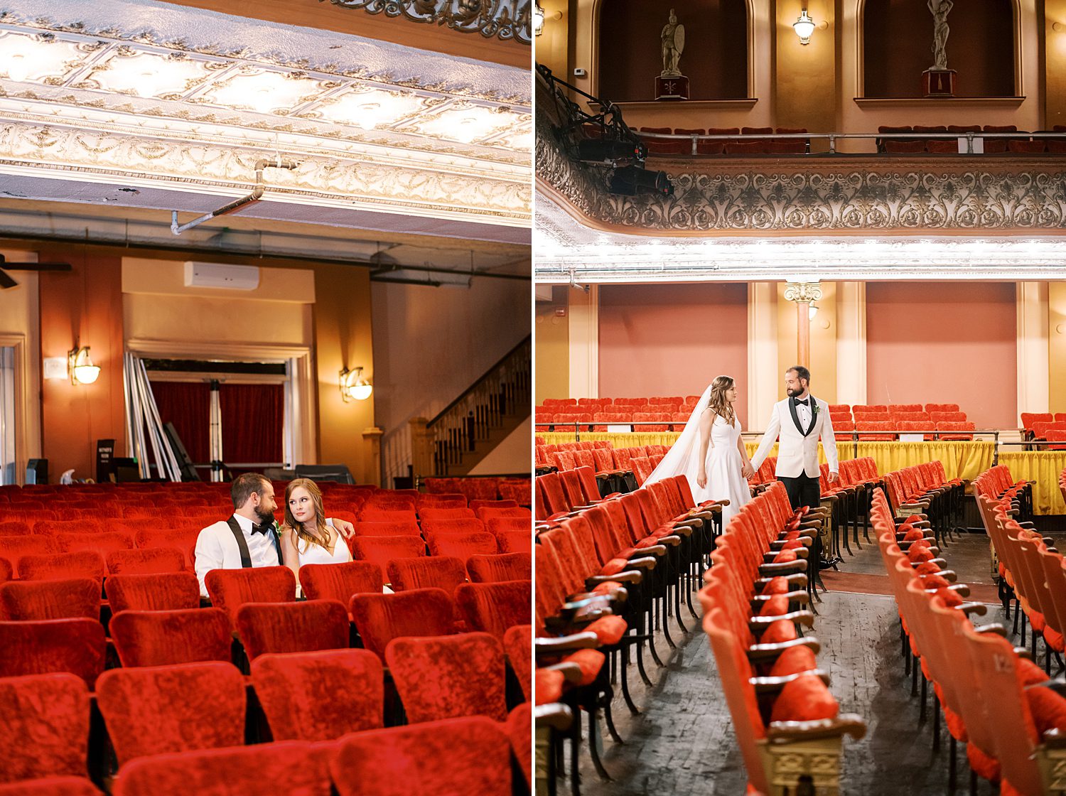 newlyweds old hands walking down aisle between red seats at Centro Asturiano de Tampa