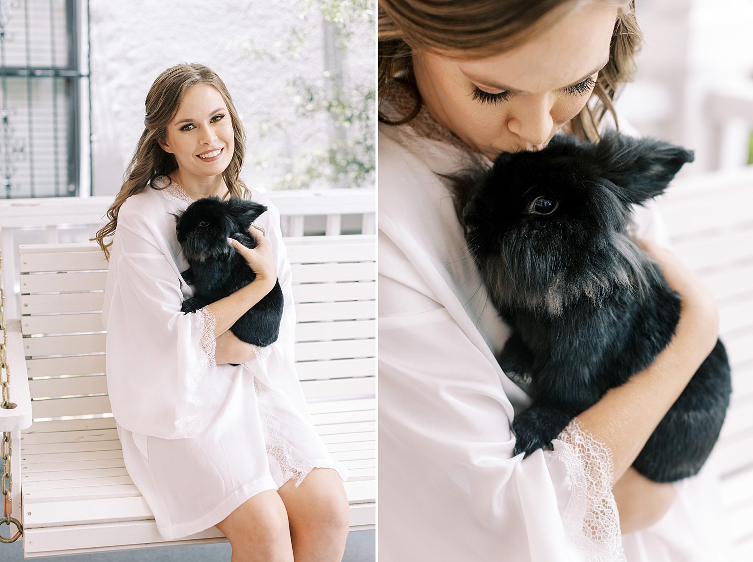 bride sits on rocking chair holding black pet rabbit in Tampa FL