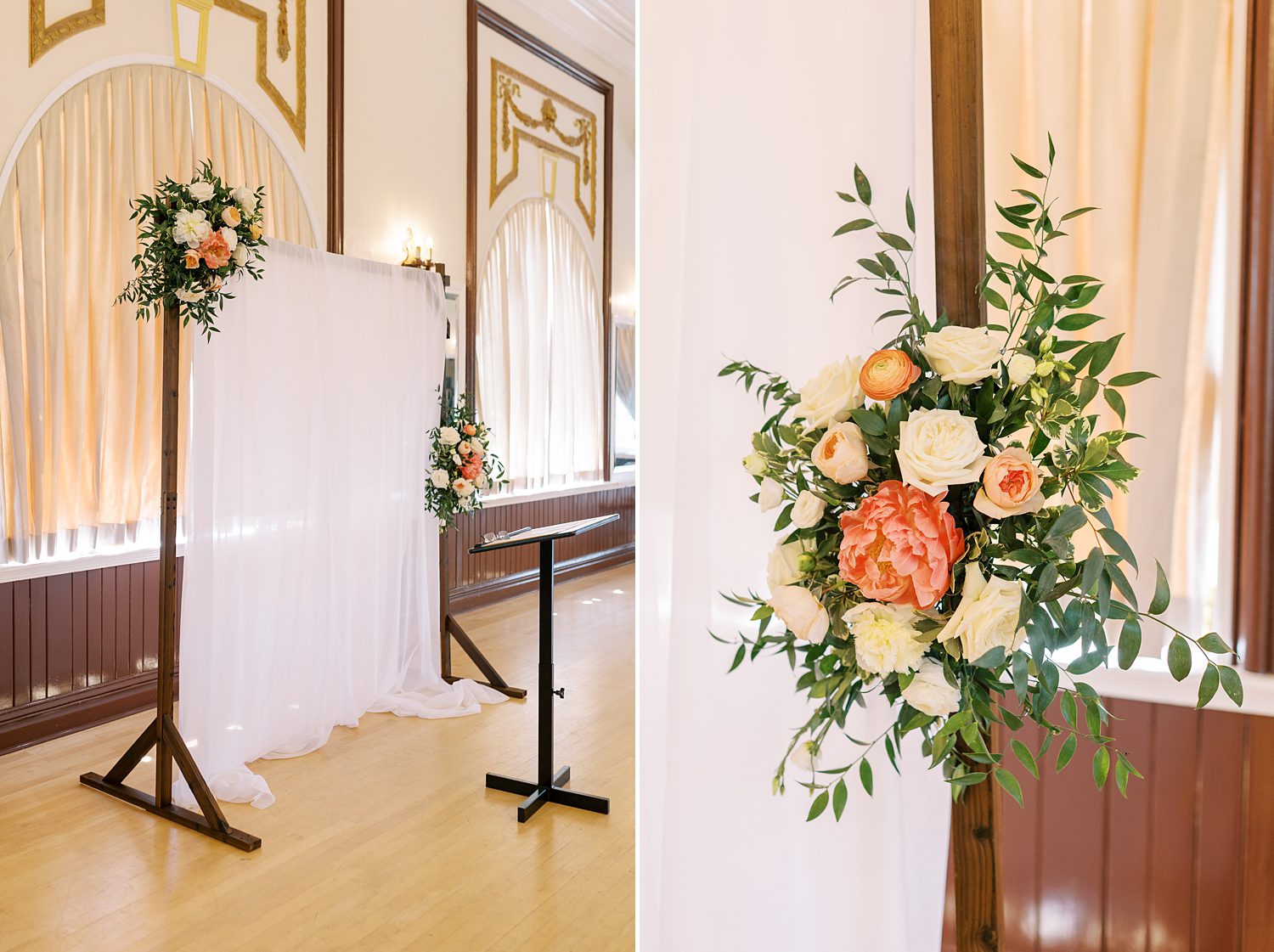 wedding ceremony with orange and white flowers at Centro Asturiano de Tampa