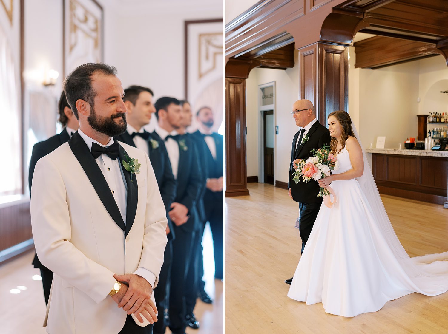 bride walks with father into ceremony towards groom in white smoking jacket 