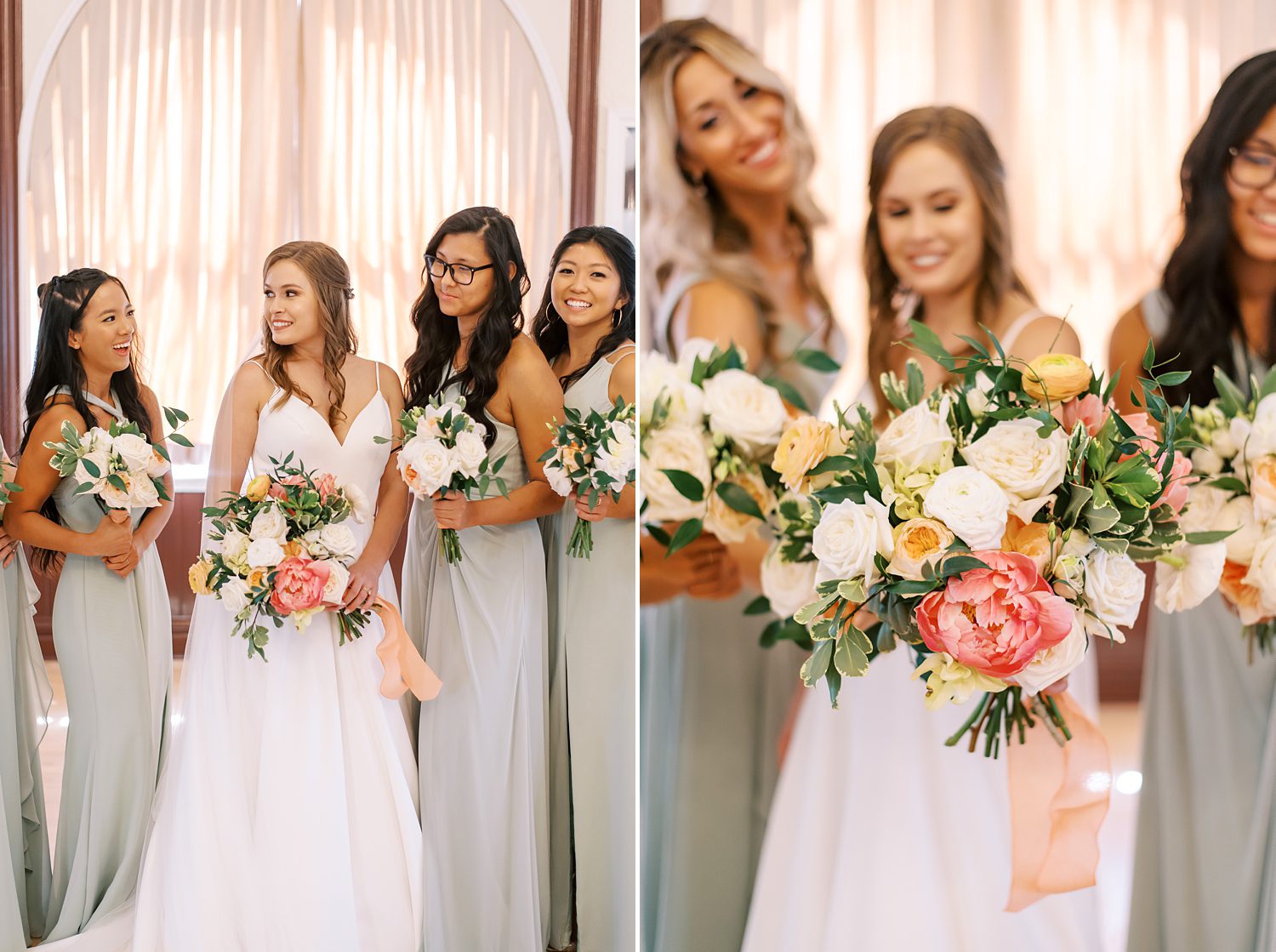 bridesmaids in green gowns smile with bride holding pink and white flowers
