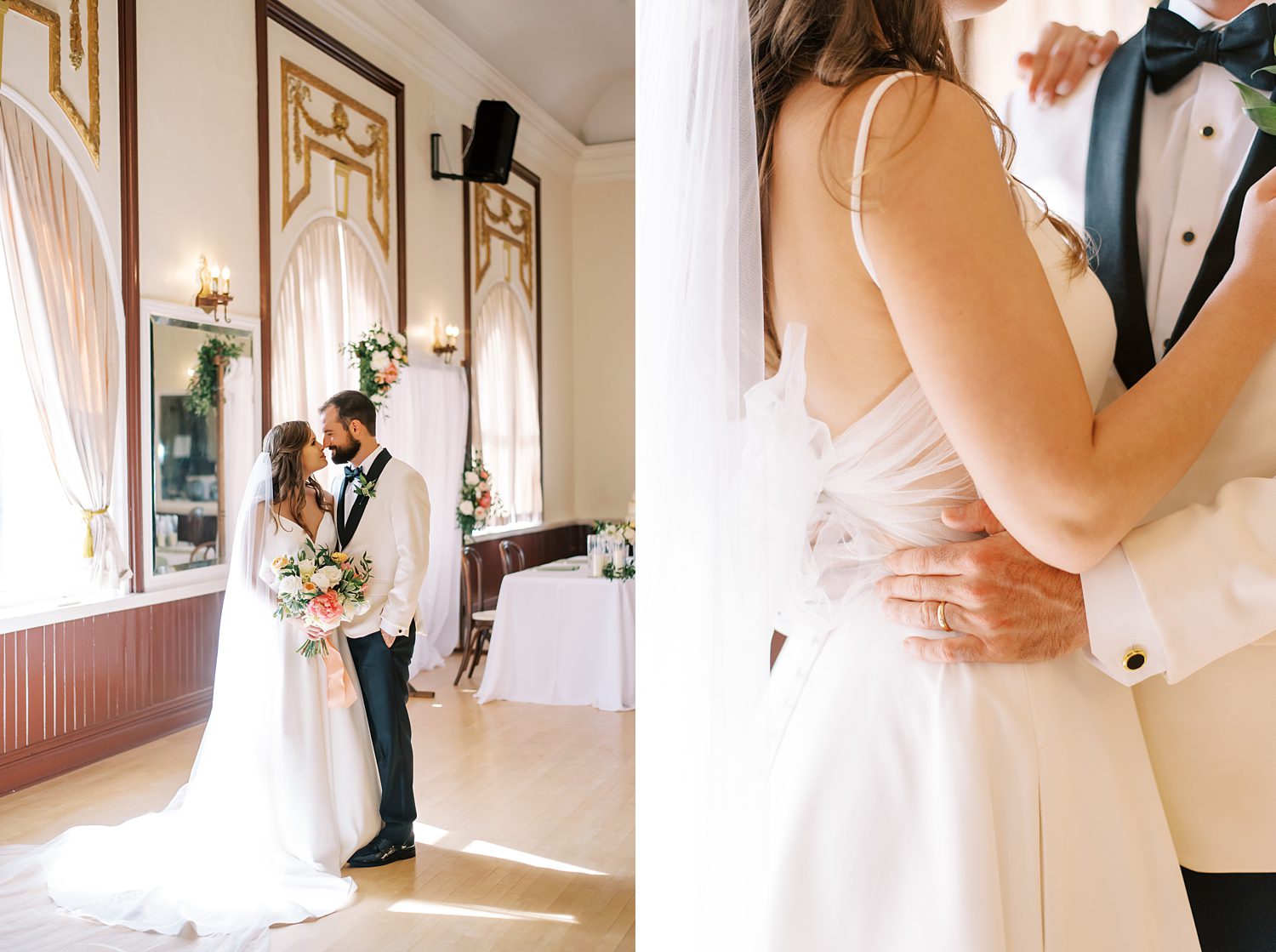 groom hugs bride around waist near bow on wedding gown