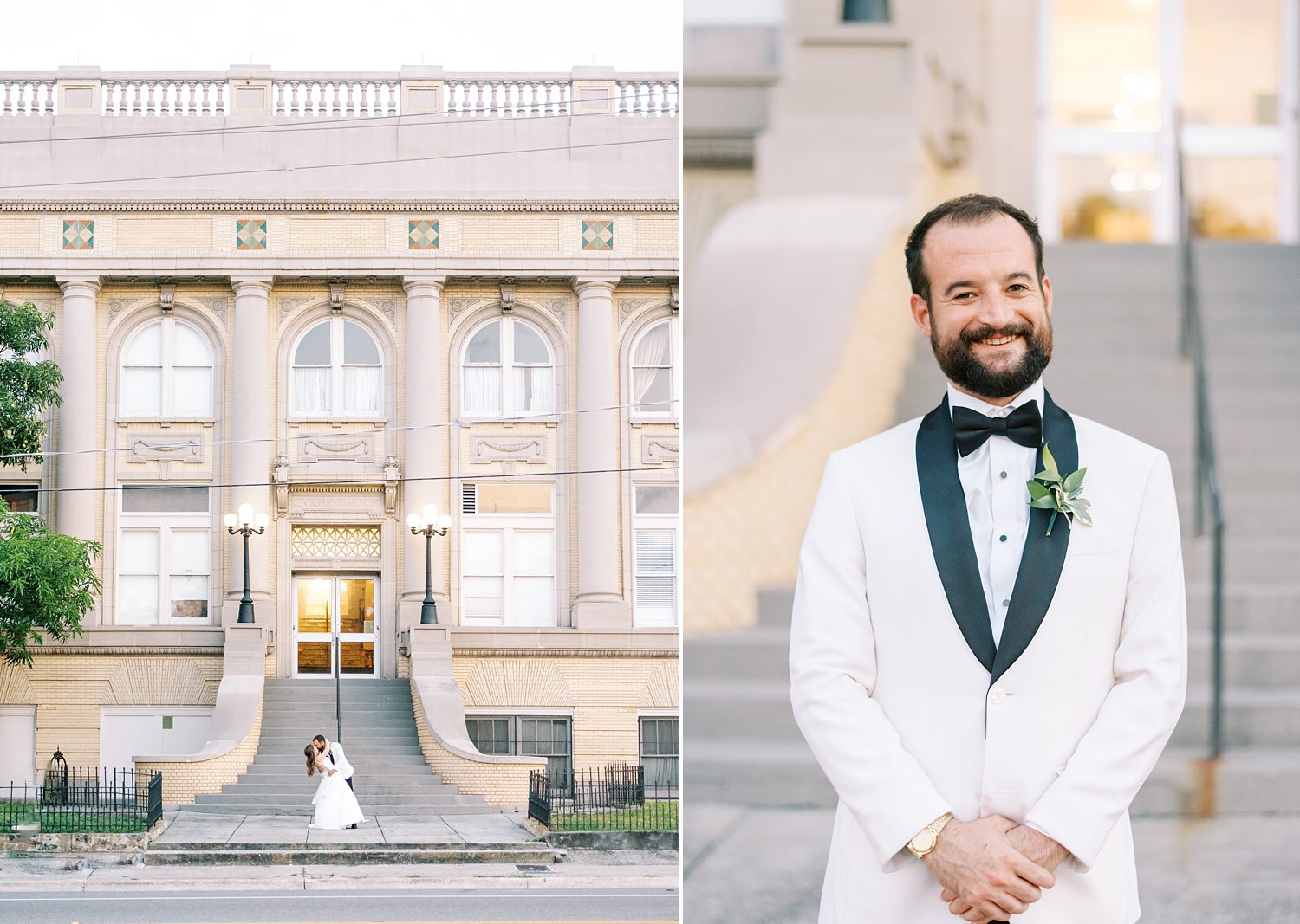 groom stands with white suit jacket and black lapels at Centro Asturiano de Tampa
