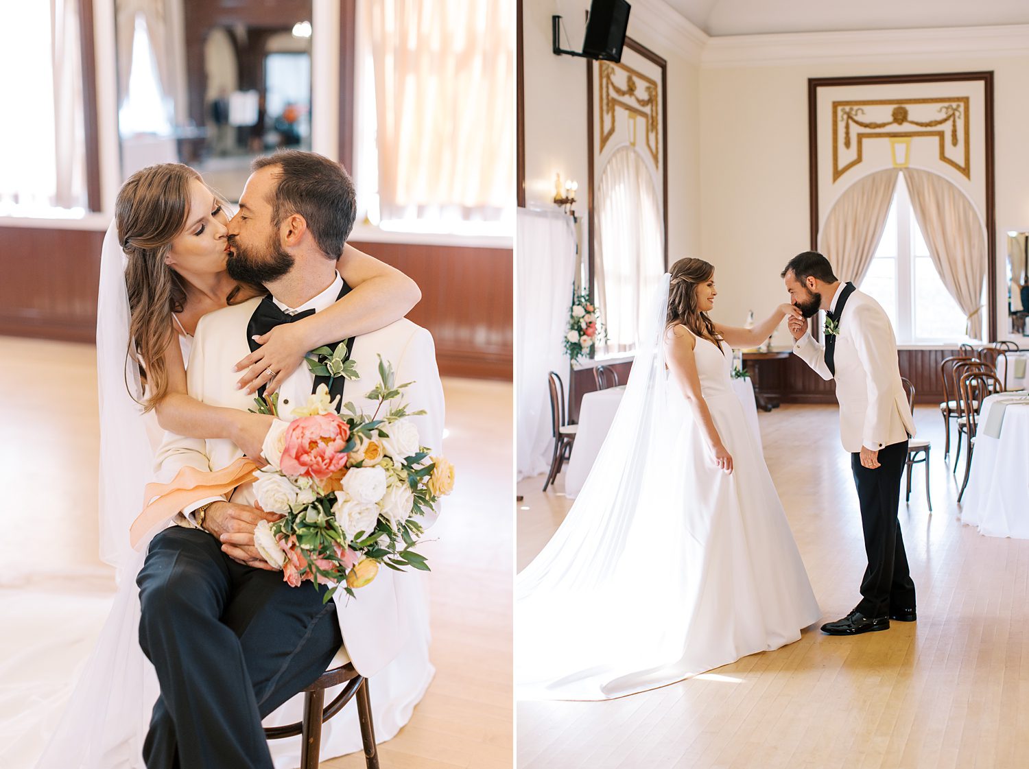 bride and groom kiss in front of window at Centro Asturiano de Tampa