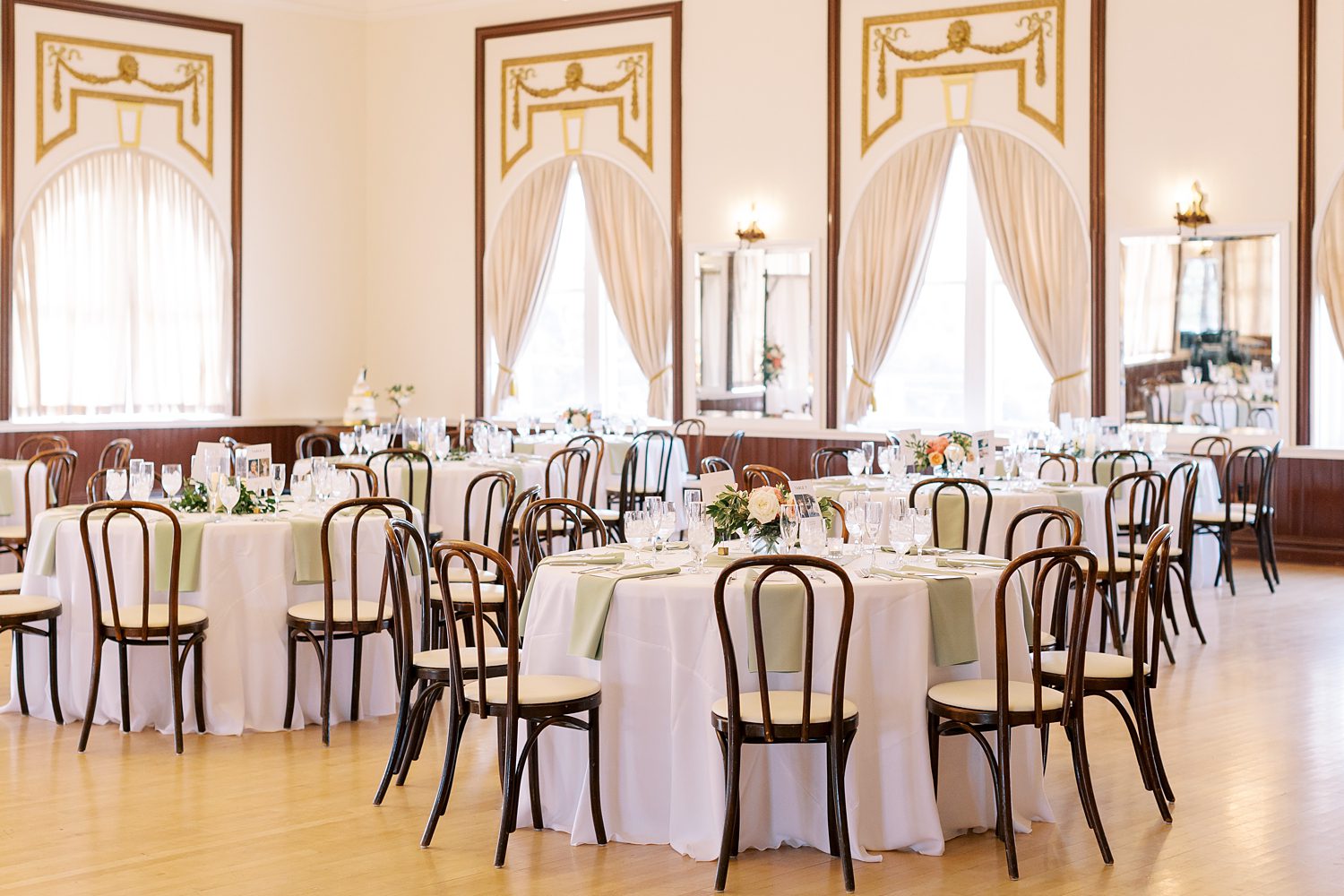 Centro Asturiano de Tampa wedding reception with ivory and sage green details