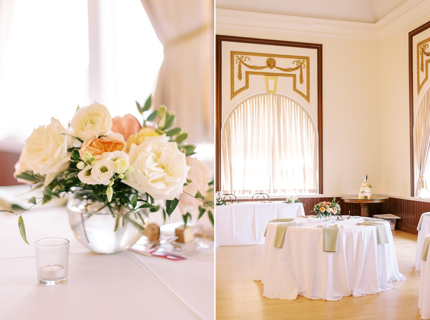 wedding reception with white and pink flowers on table