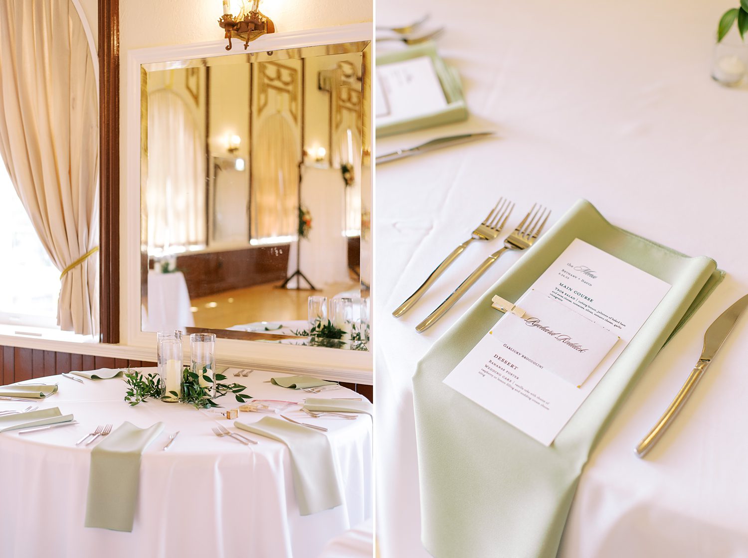 wedding reception with place setting with pale green napkin at Centro Asturiano de Tampa