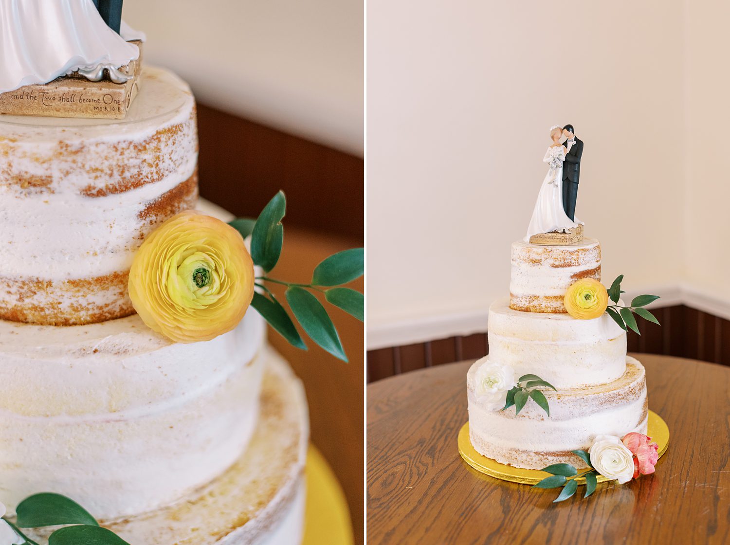 tiered naked wedding cake with yellow flowers at Centro Asturiano de Tampa