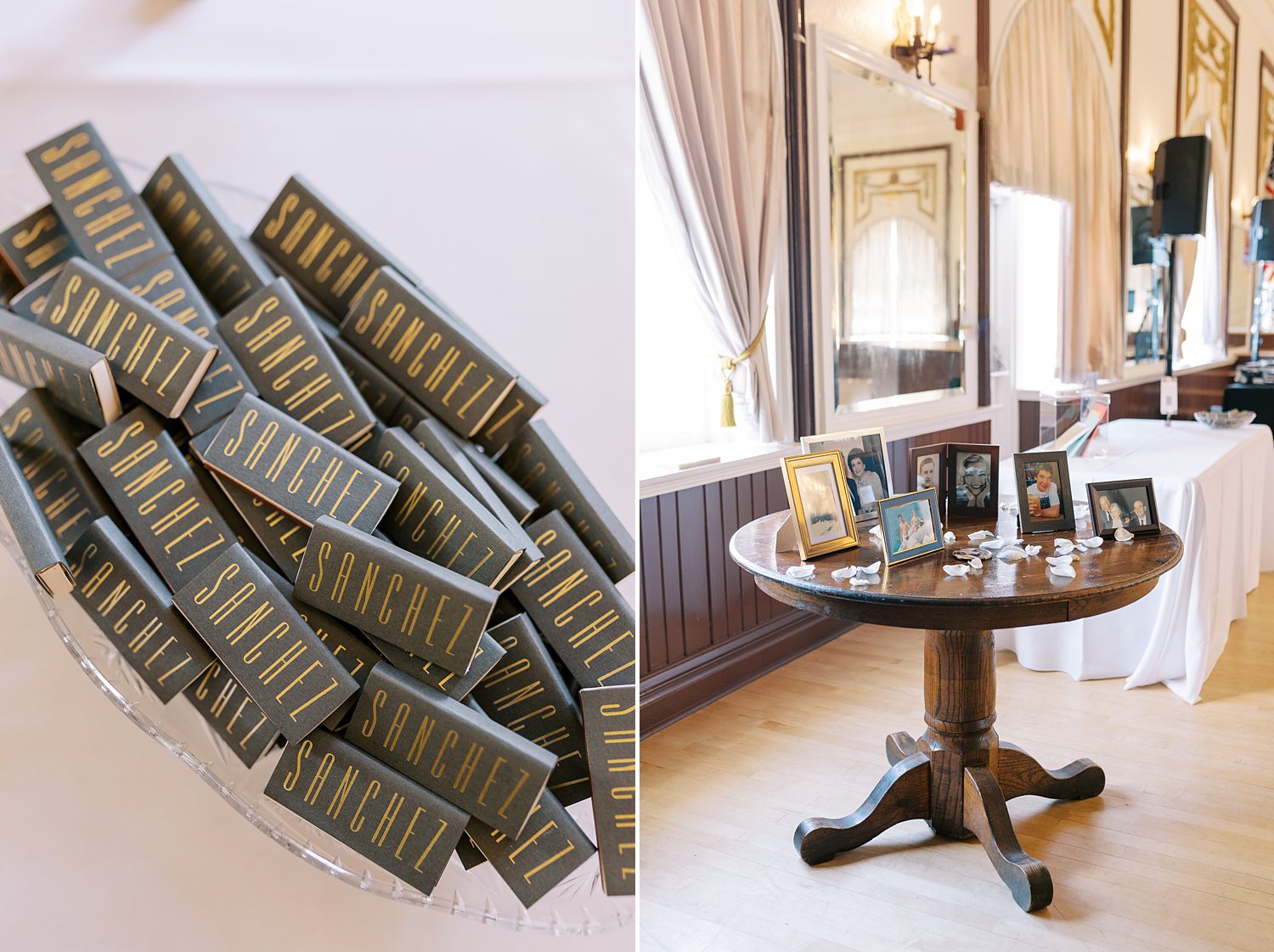 custom black and gold matchboxes and memory table for Tampa wedding