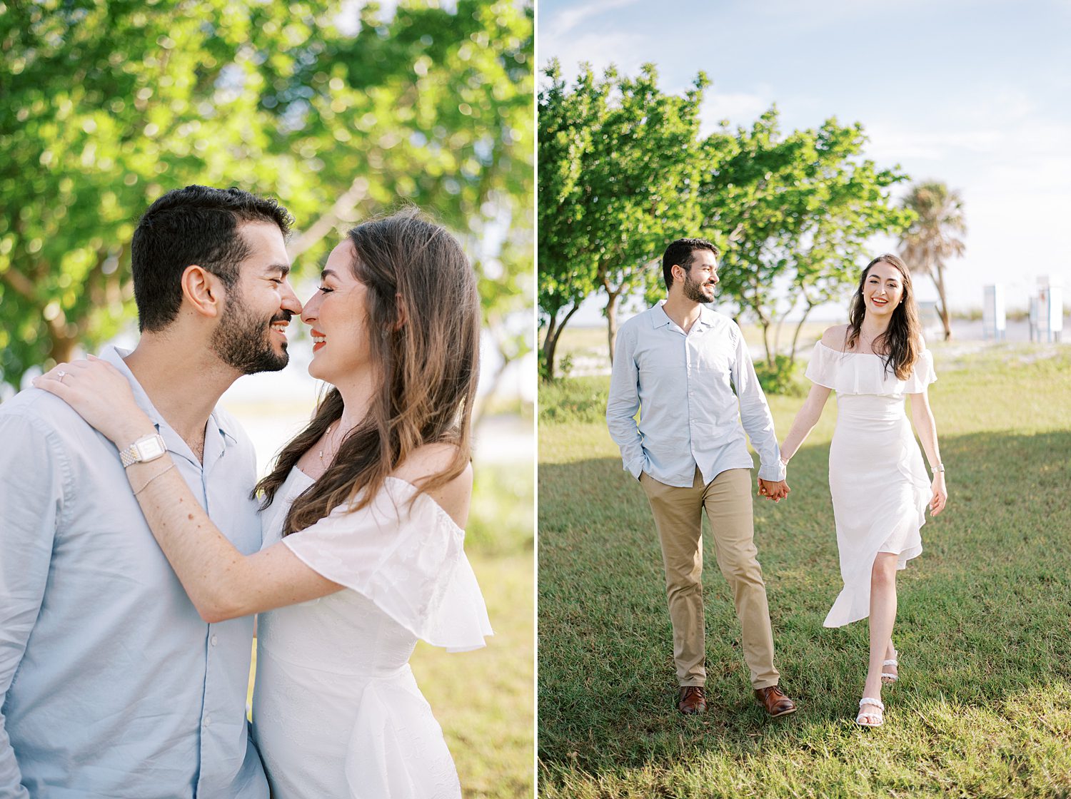 engaged couple hugs touching noses on lawn near Fort De Soto beach