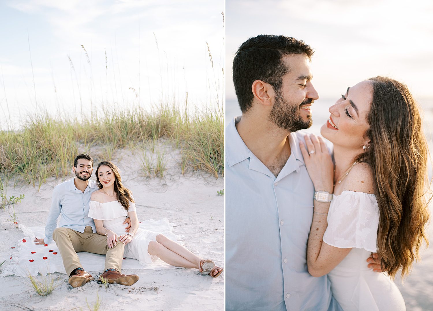 woman looks up at man leaning on his shoulder showing off engagement ring