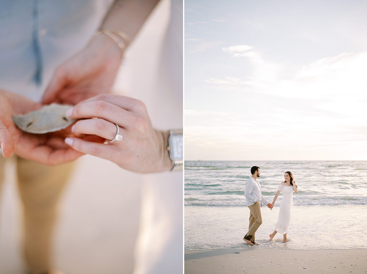 couple holds sea dollar showing off woman's engagement ring