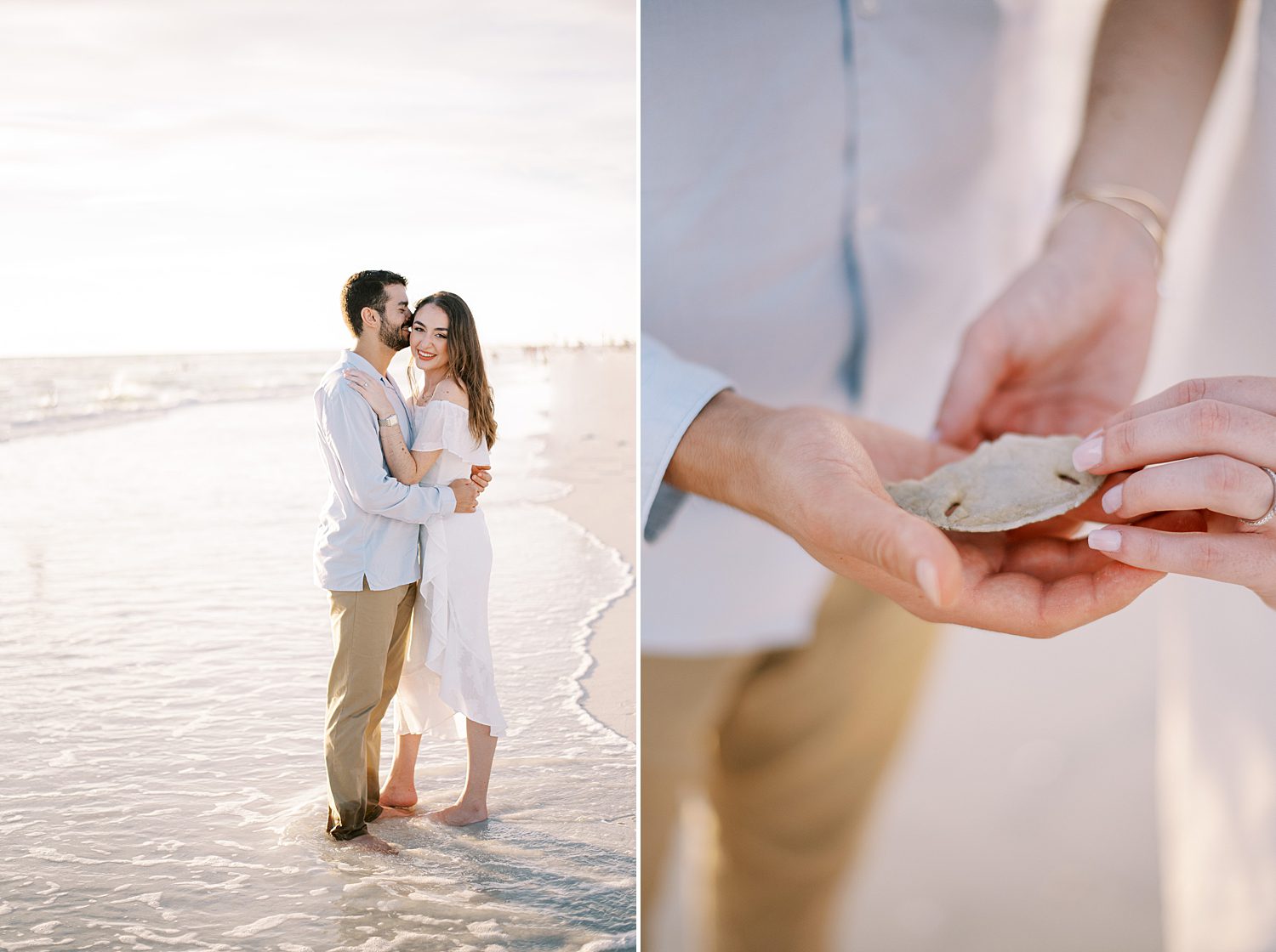 couple holds sand dollar between them showing off engagement ring