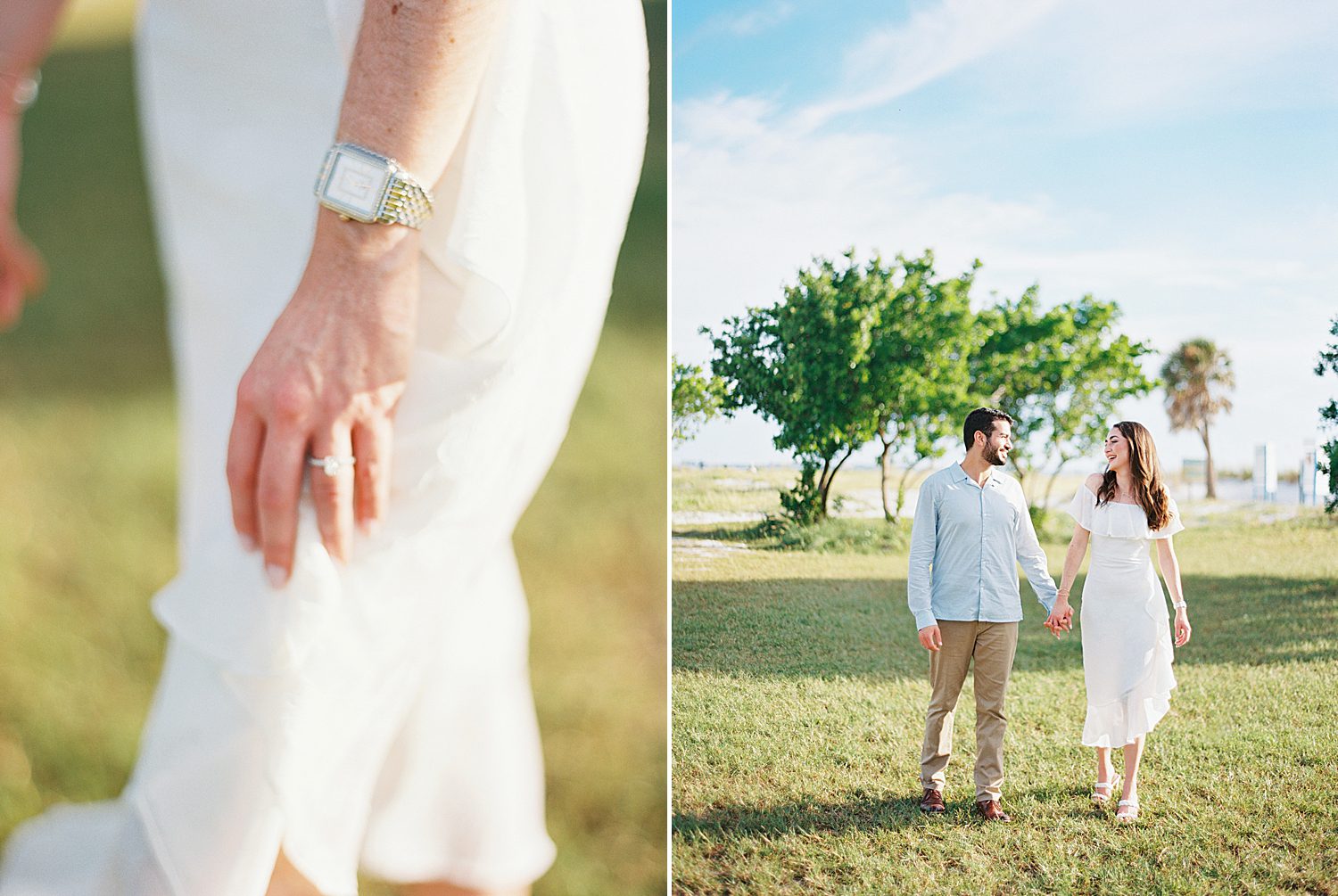 bride holds skirt of white dress showing off engagement ring in film photo