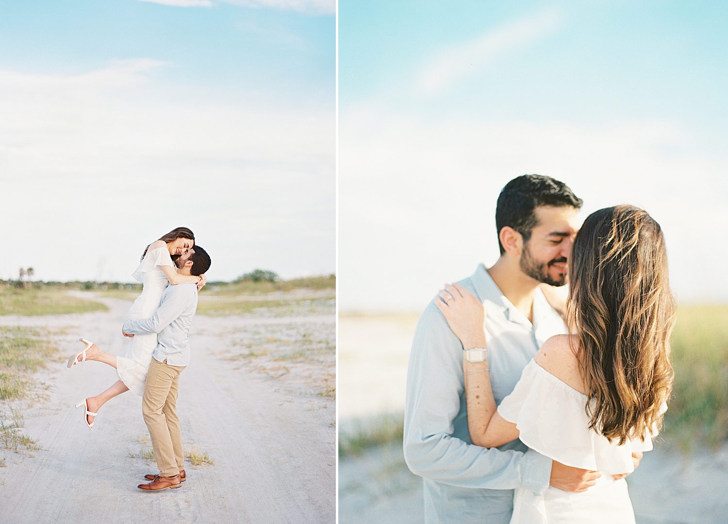 engaged couple hugs during Fort De Soto beach photos on film