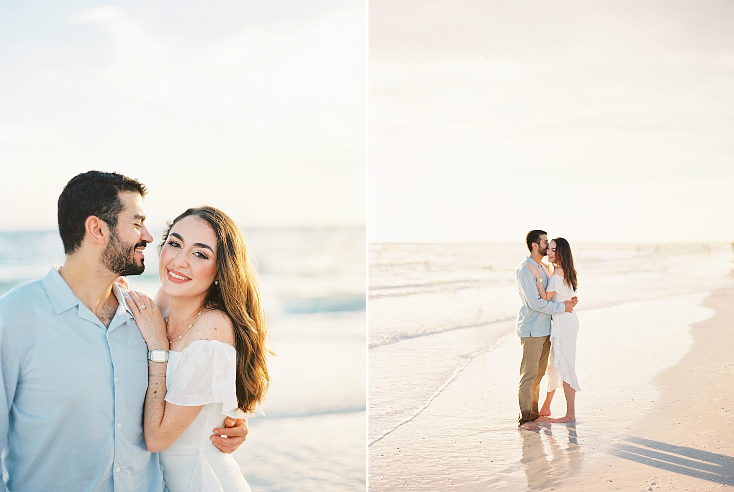 bride and groom hug on beach in front of ocean