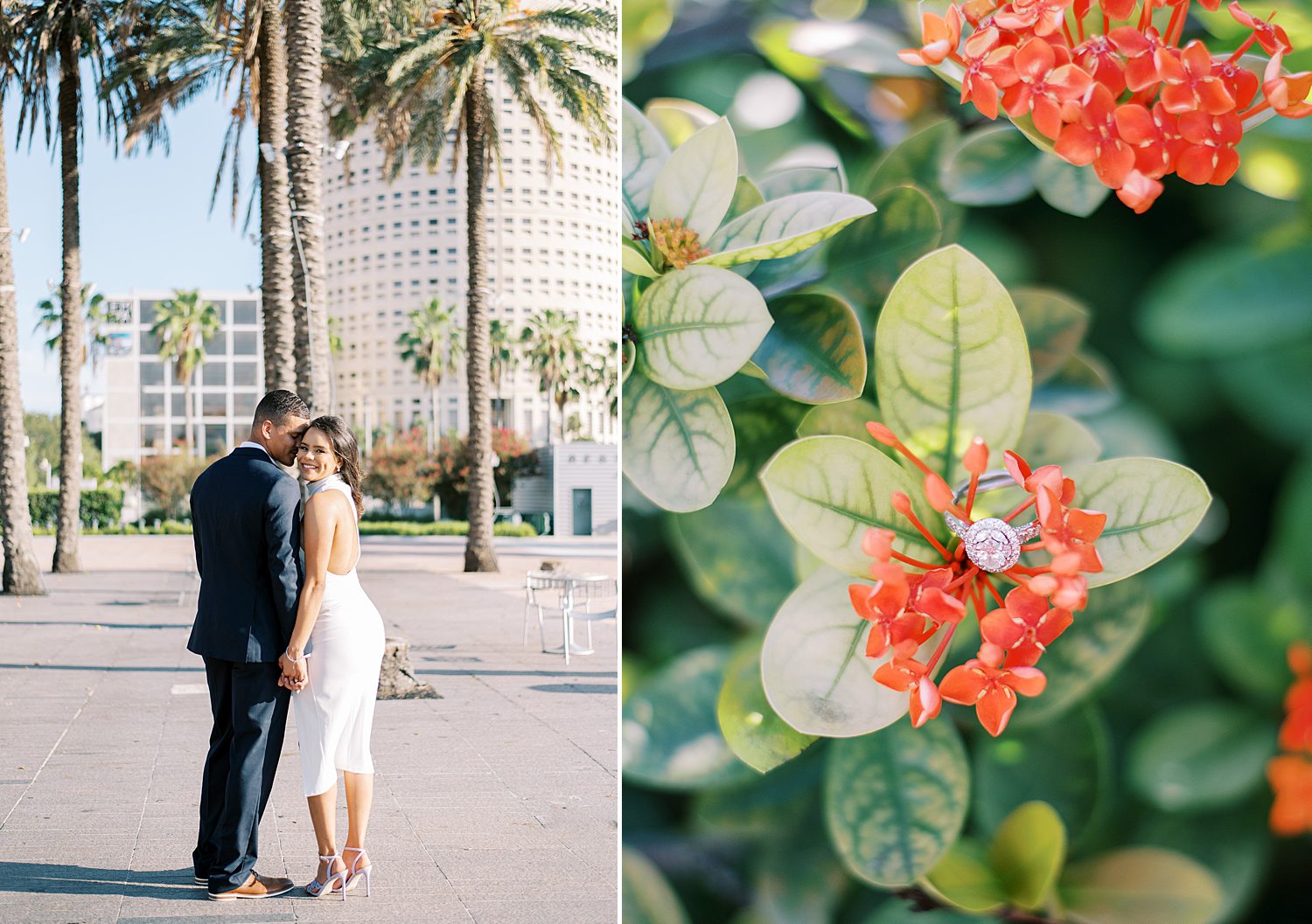 bride's engagement ring on red flower in Curtis Hixon Park