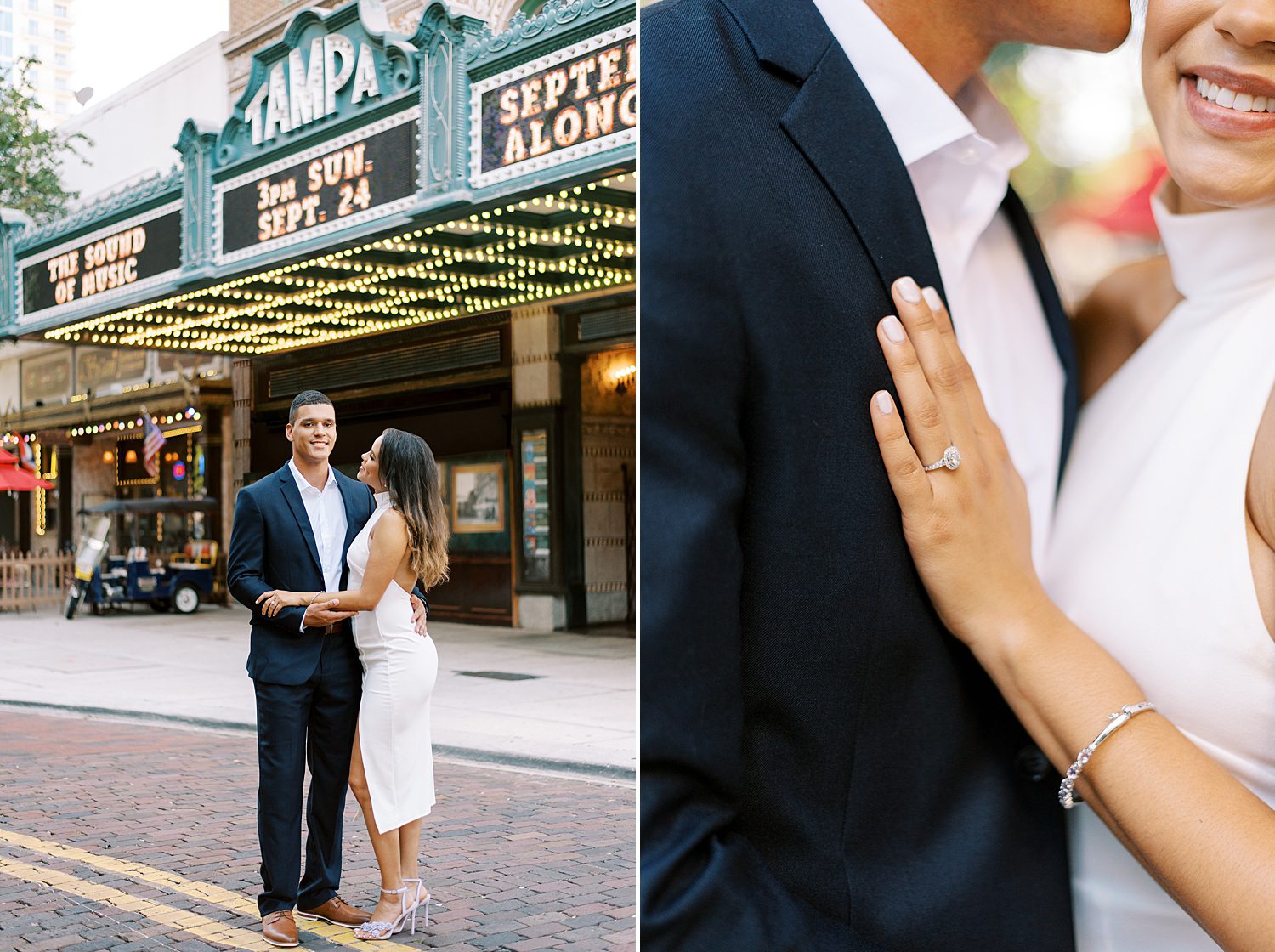 woman rests hand on man's suit lapel showing off engagement ring