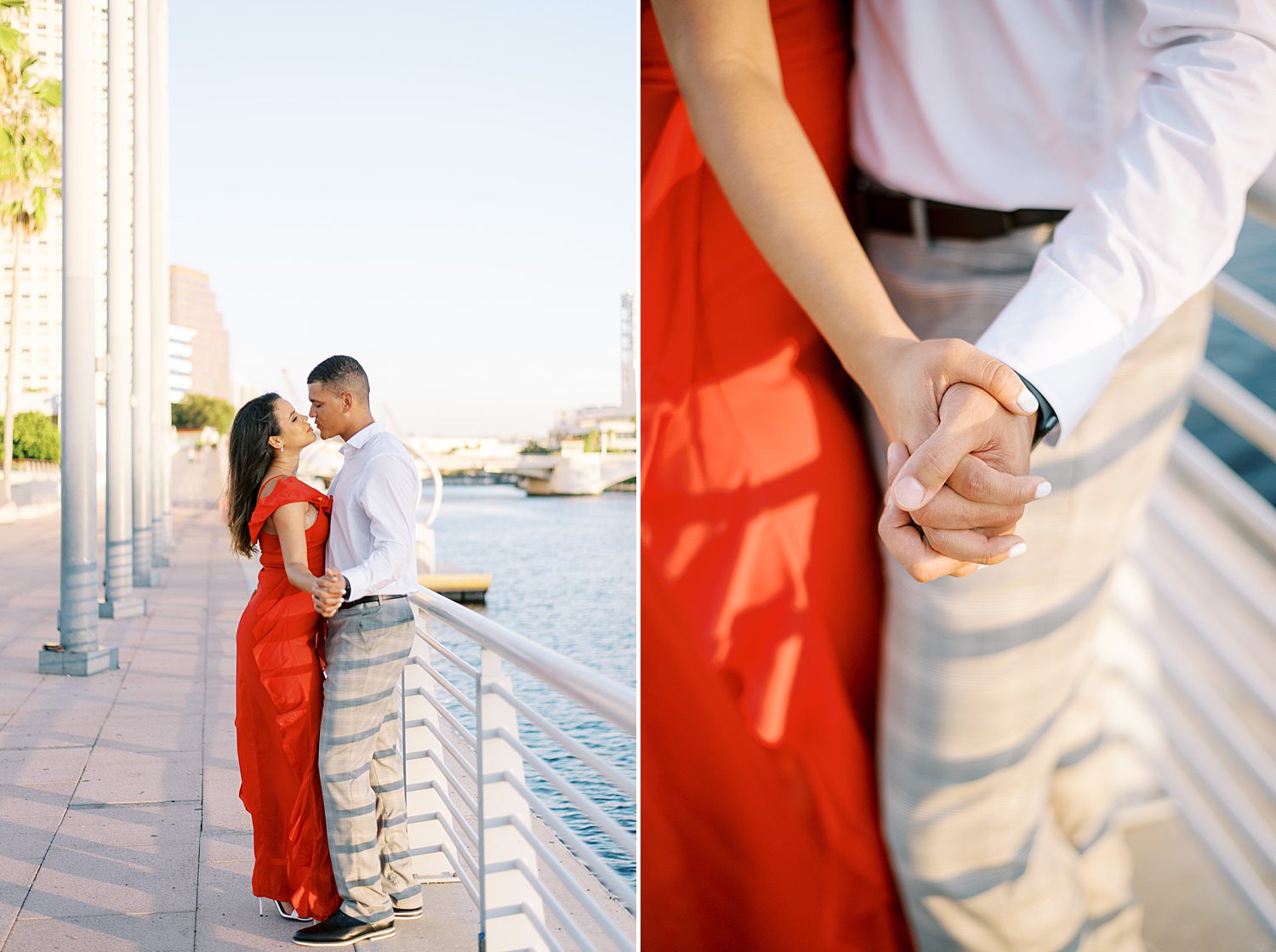 engaged couple holds hands along waterfront in Tampa FL